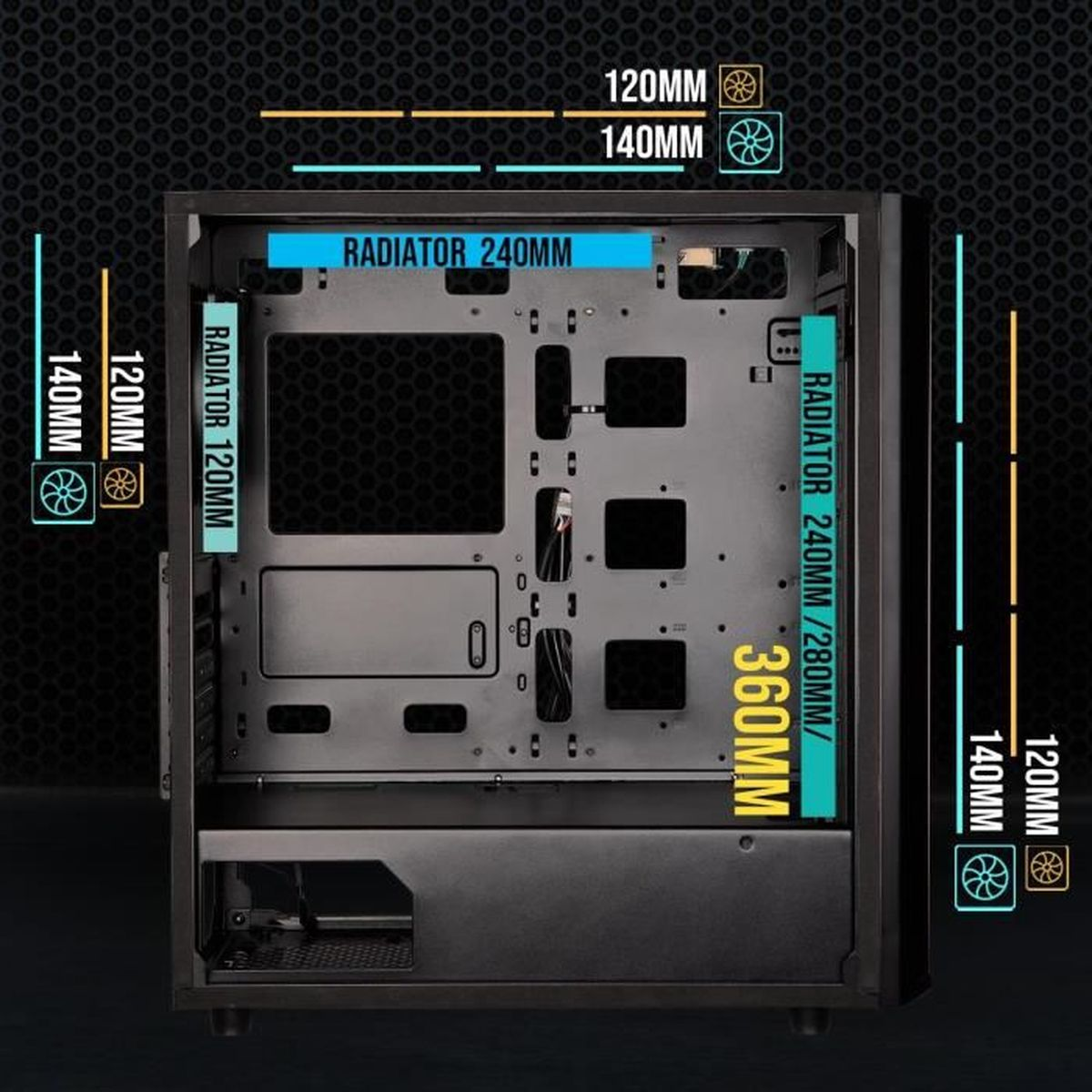 Vista interna di un case PC nero con misurazioni di radiatori e ventole.