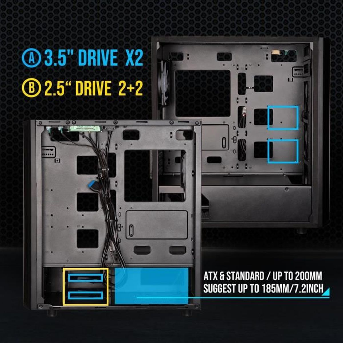 Interno del case del computer che mostra alloggiamenti per unità e specifiche.
