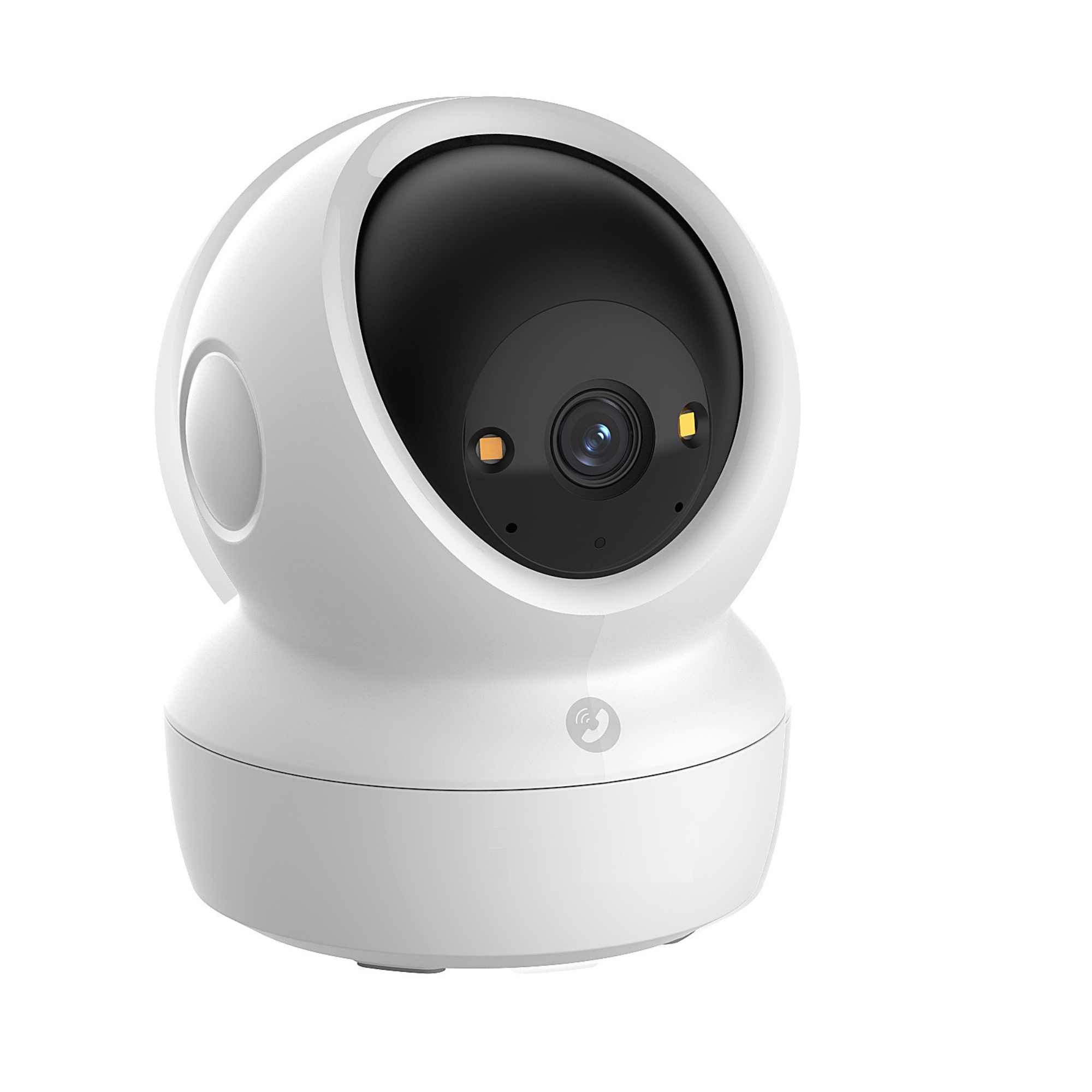 Een witte beveiligingscamera met een zwarte lens en twee gele lampjes.