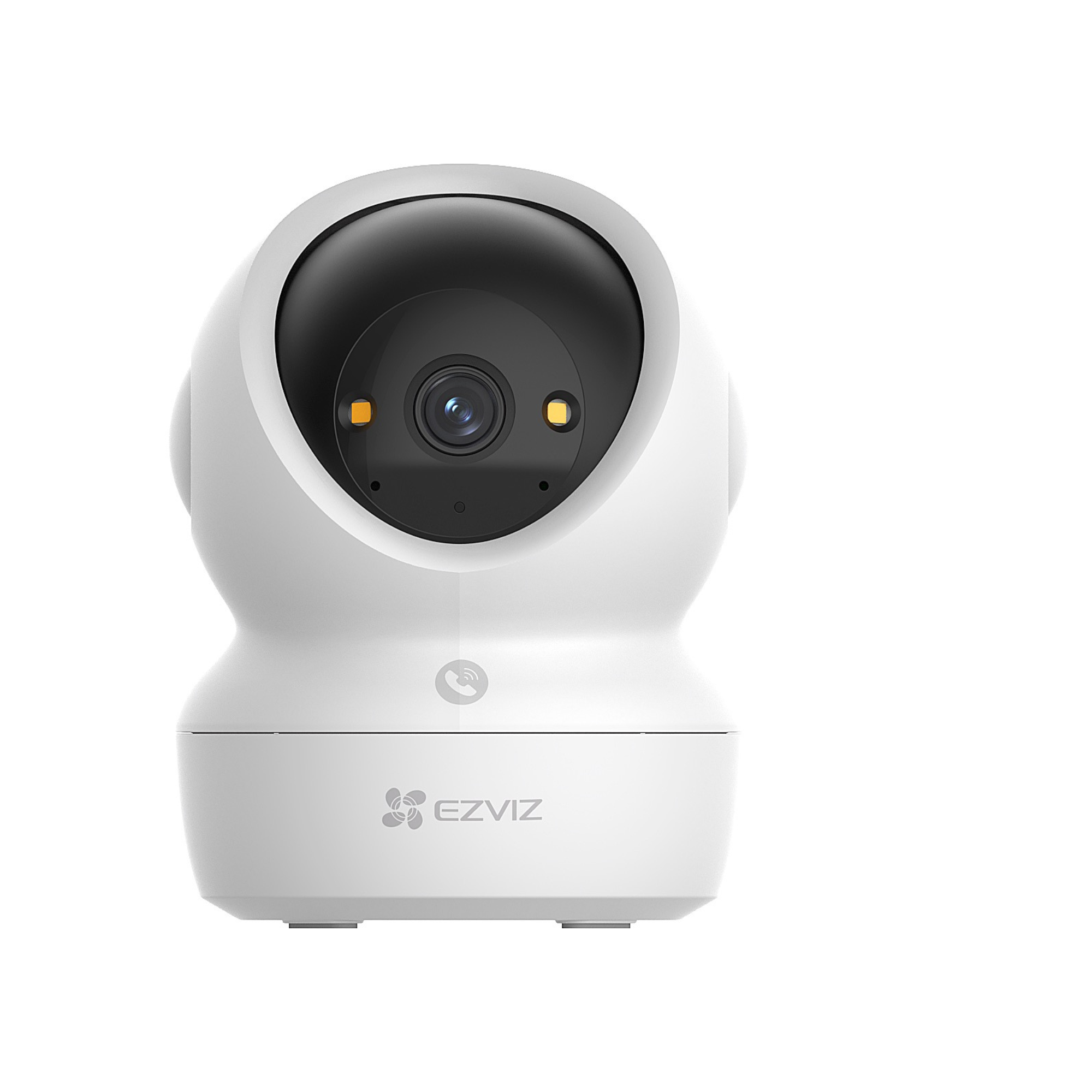 Een witte pan/tilt camera met zwarte lens en twee oranje lampjes.
