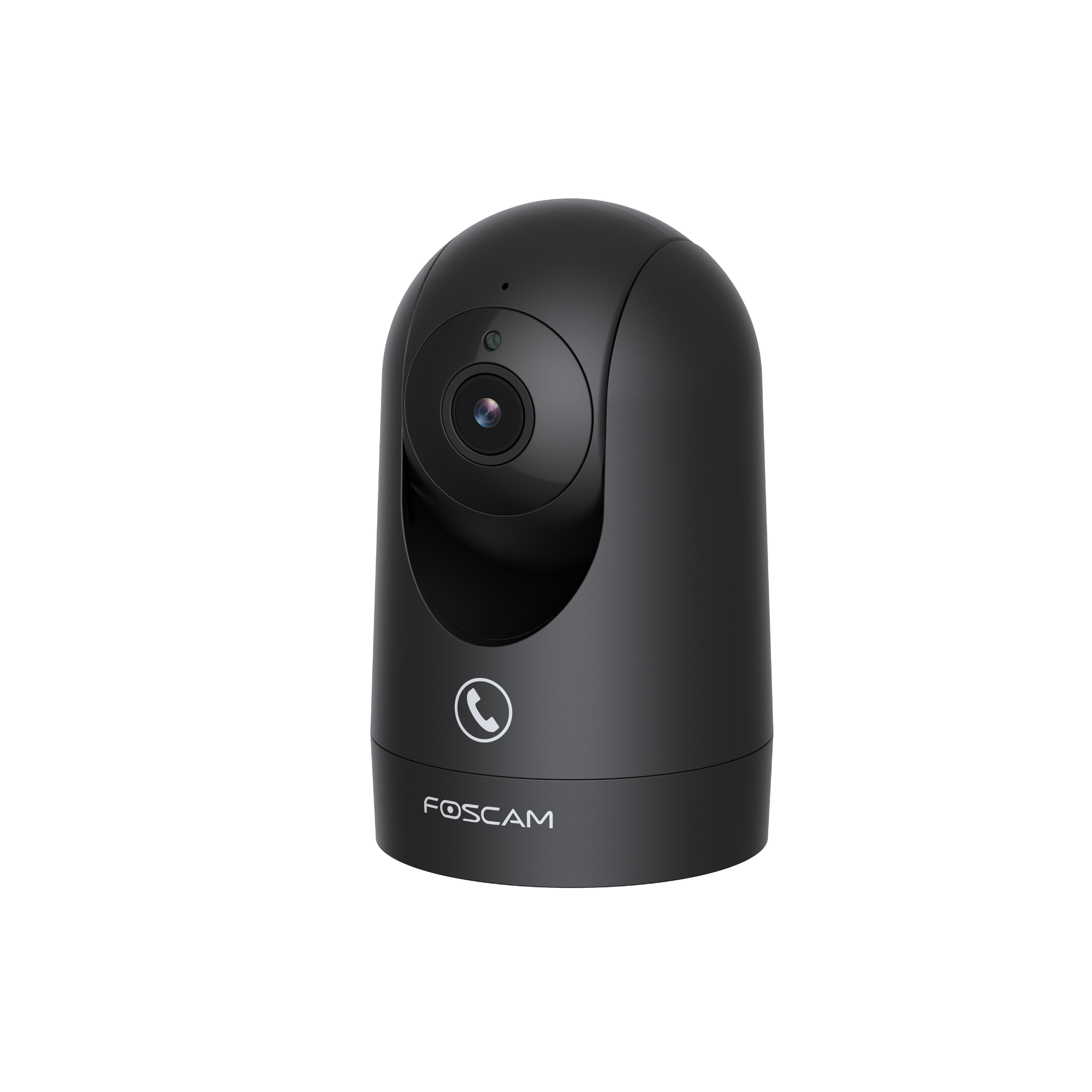 A black pan-tilt camera with a lens and a phone icon.