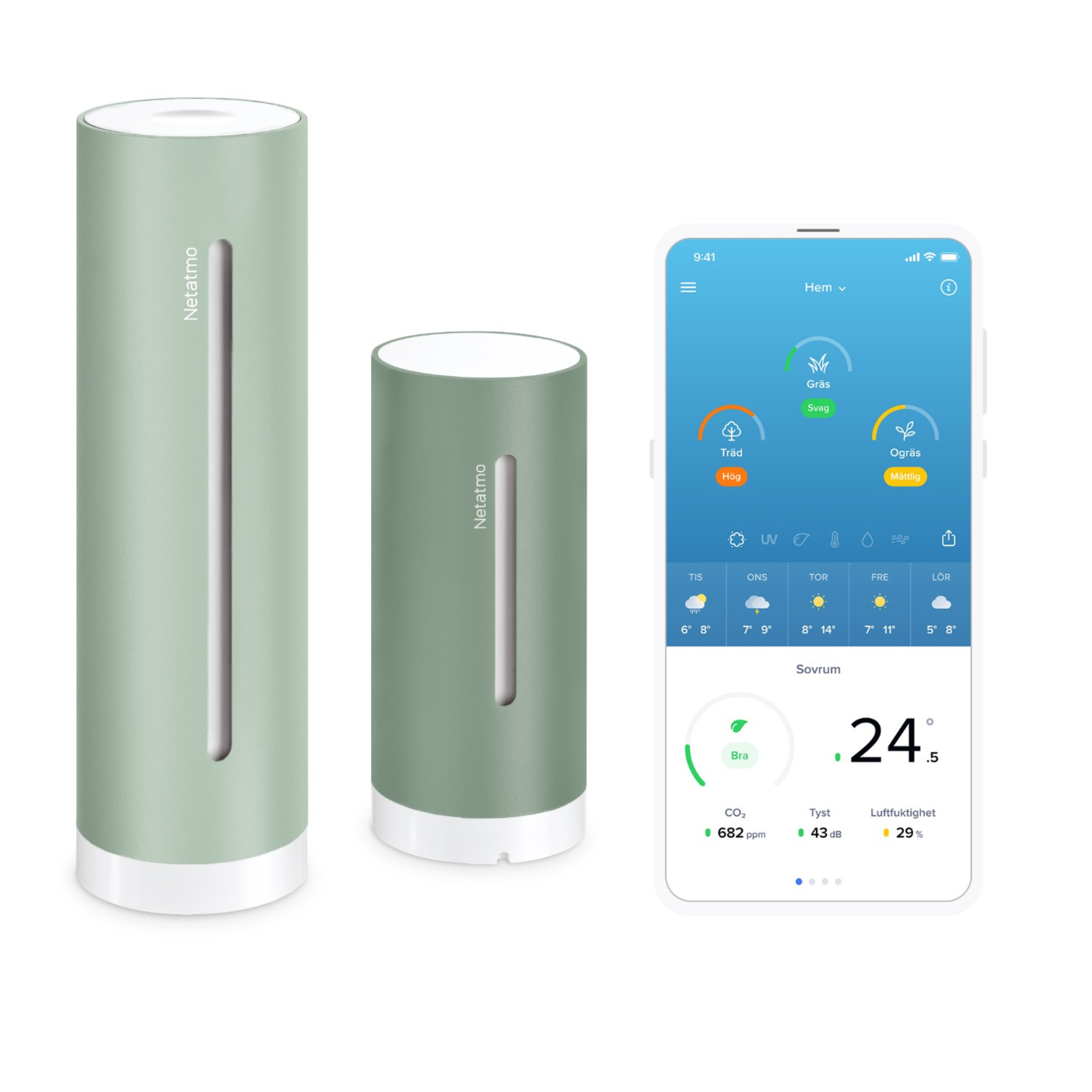 Deux stations météo Netatmo vertes et un smartphone affichant une application météo.