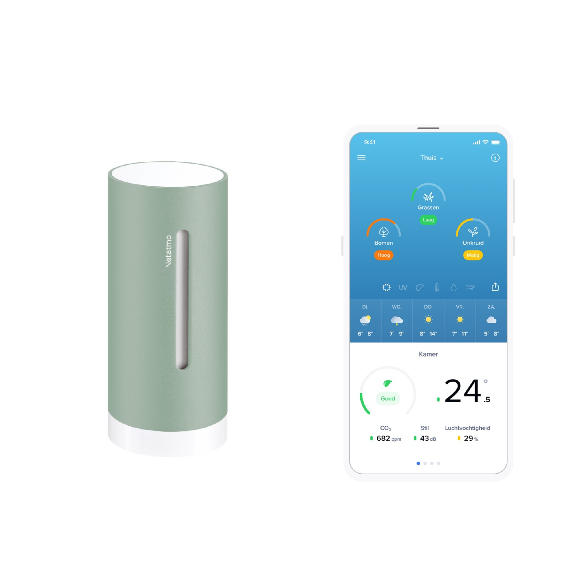Une station météo verte à côté d'un smartphone affichant une application météo.