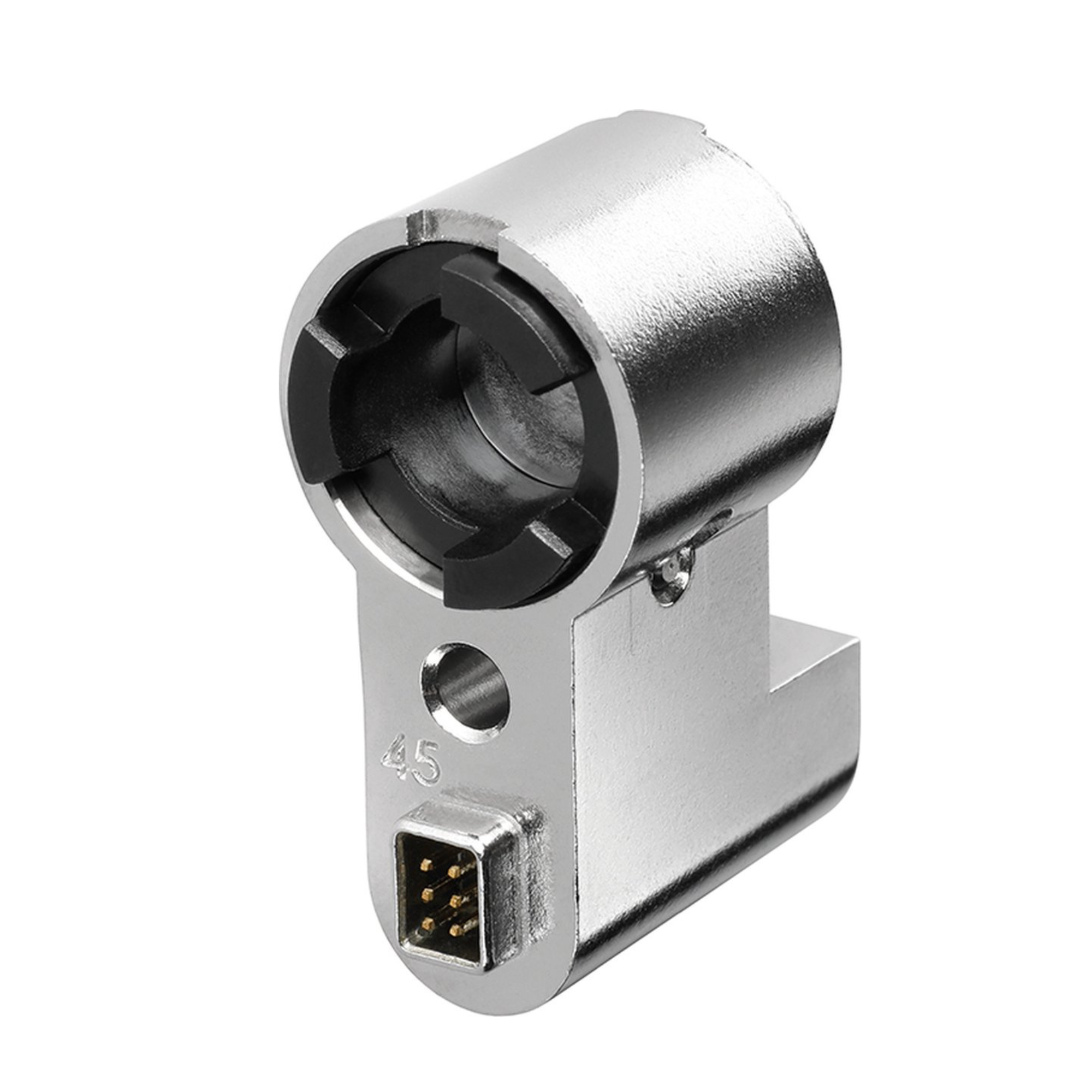 A silver metal component with a black insert and a 9-pin connector.