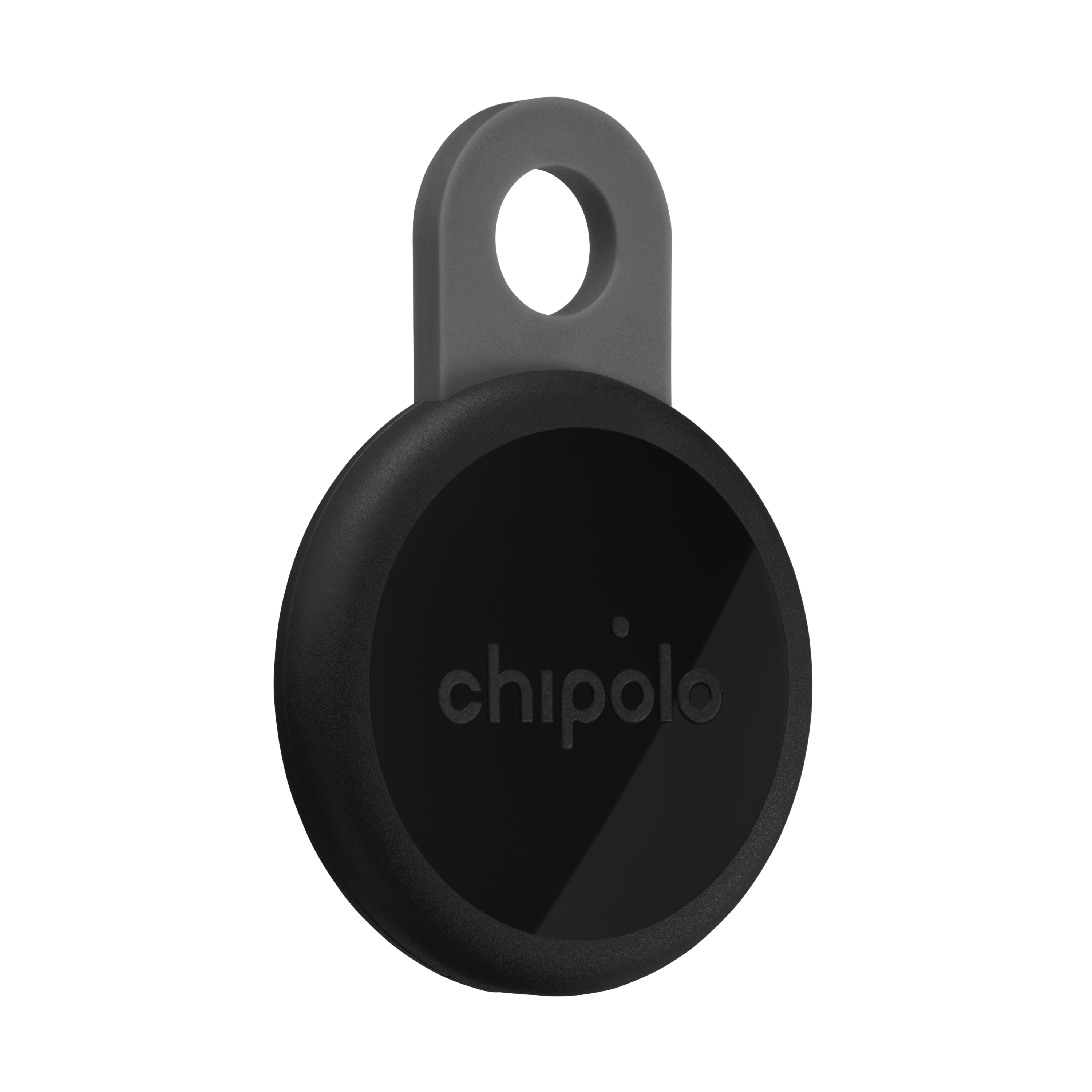 Traceur Chipolo noir avec boucle grise, sur fond blanc.