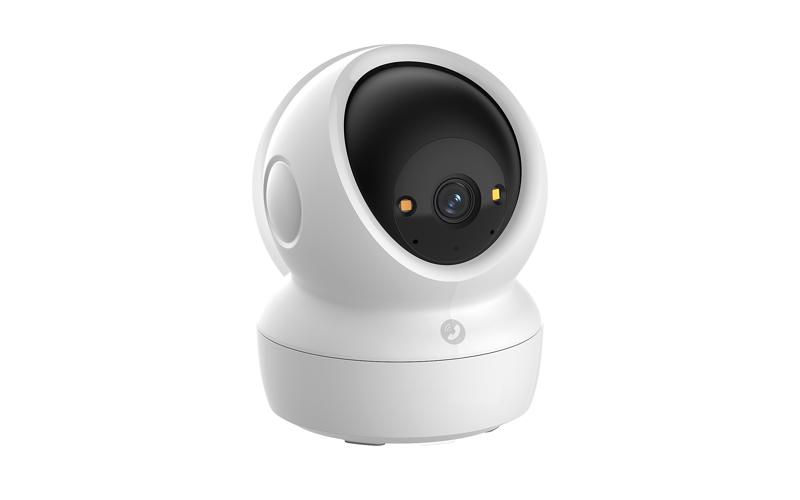 A white security camera with a black head and two orange indicator lights.