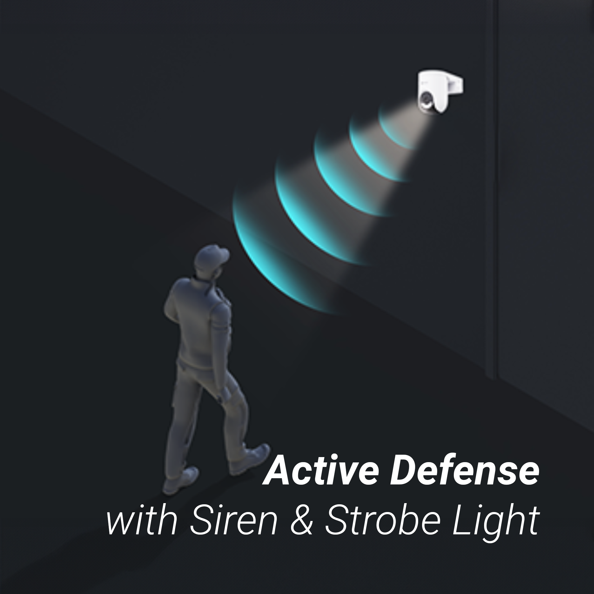 A security camera emits light waves towards a figure with "Active Defense".