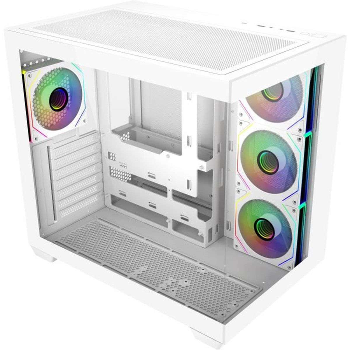 Ein weißes Computergehäuse mit RGB-Lüftern.