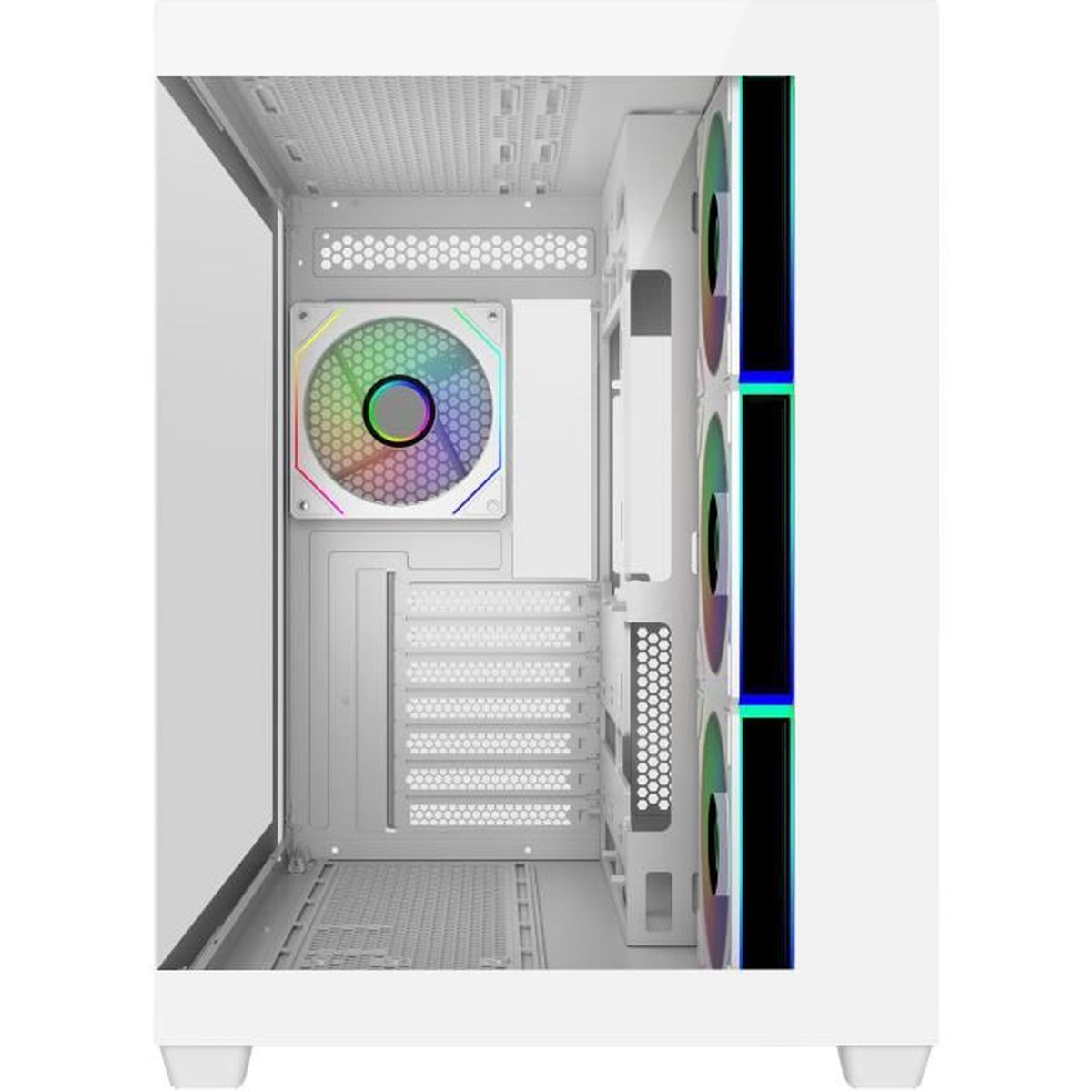 Weißes Computergehäuse-Interieur mit sichtbaren RGB-Lüftern und Laufwerksschächten.