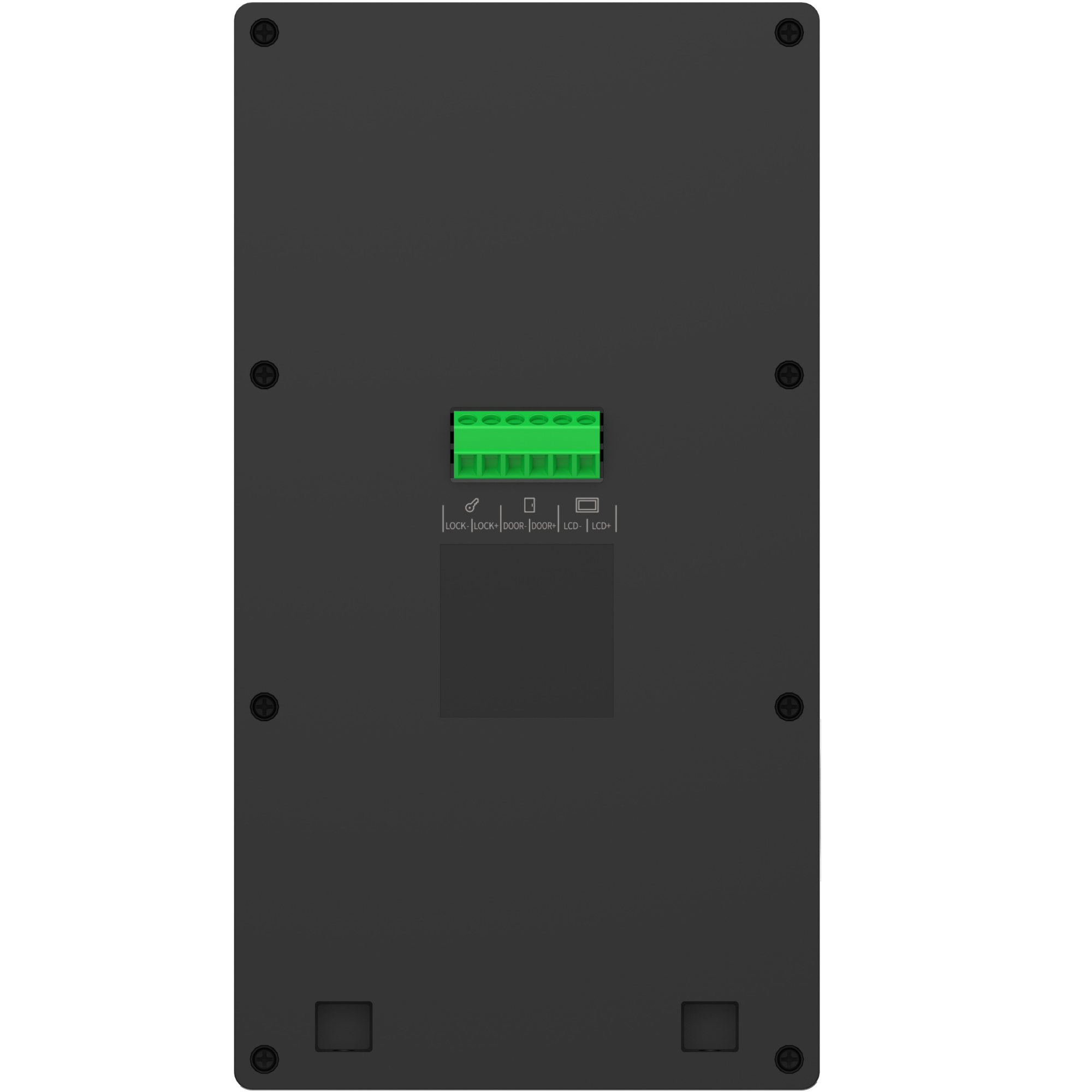 Zwarte behuizing met groene klemmenstrook en labels: LOCK, DOOR, LCD.