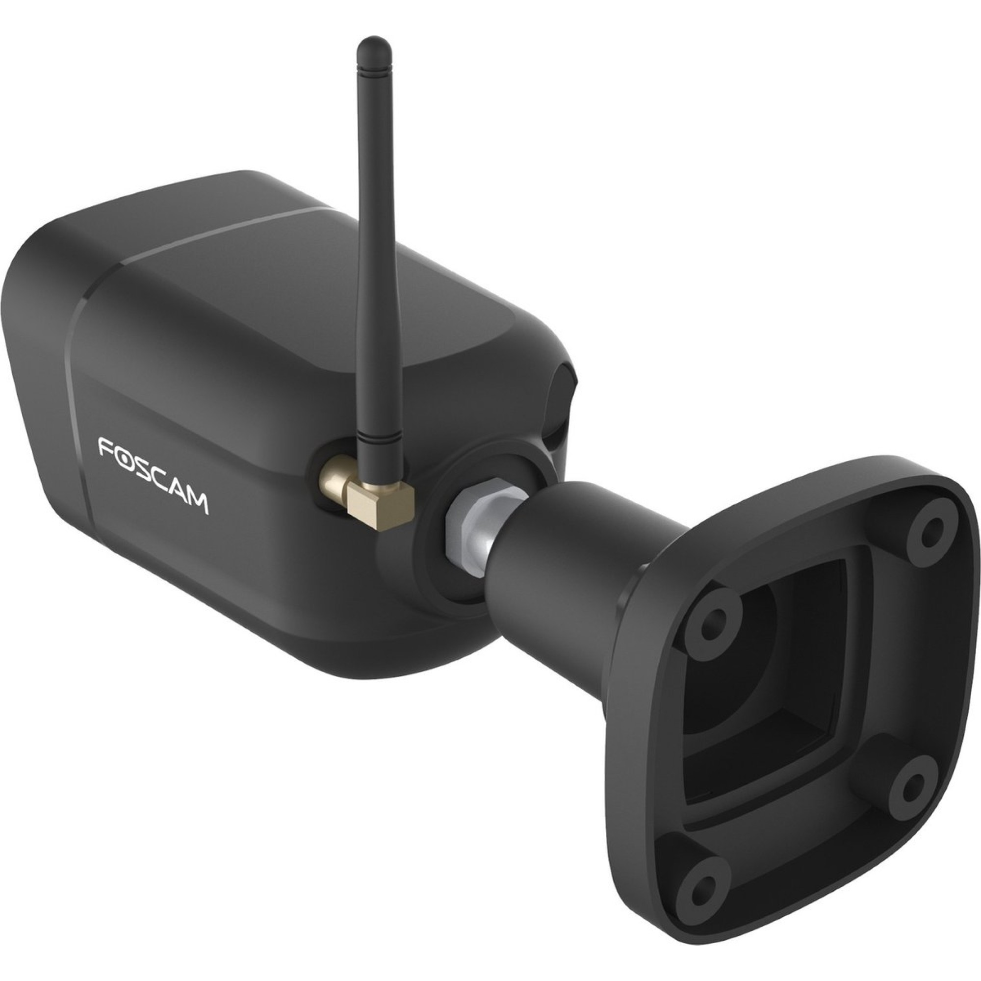 Caméra de sécurité Foscam noire avec antenne et support de montage.