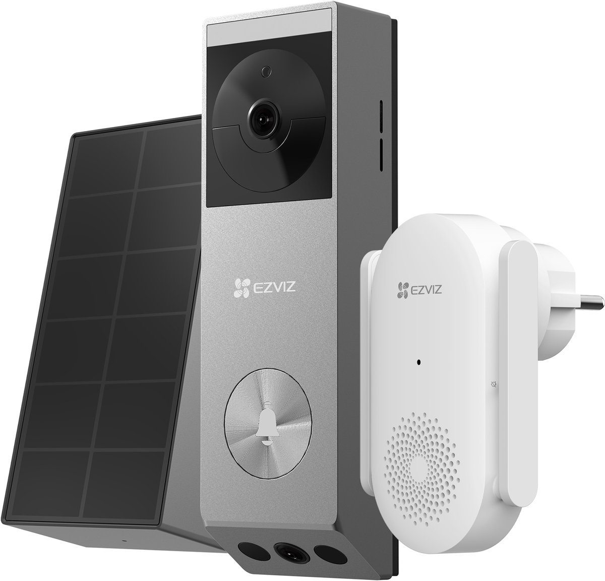 Een zilveren deurbelmonitor met zonnepaneel en een witte plug-in ontvanger.