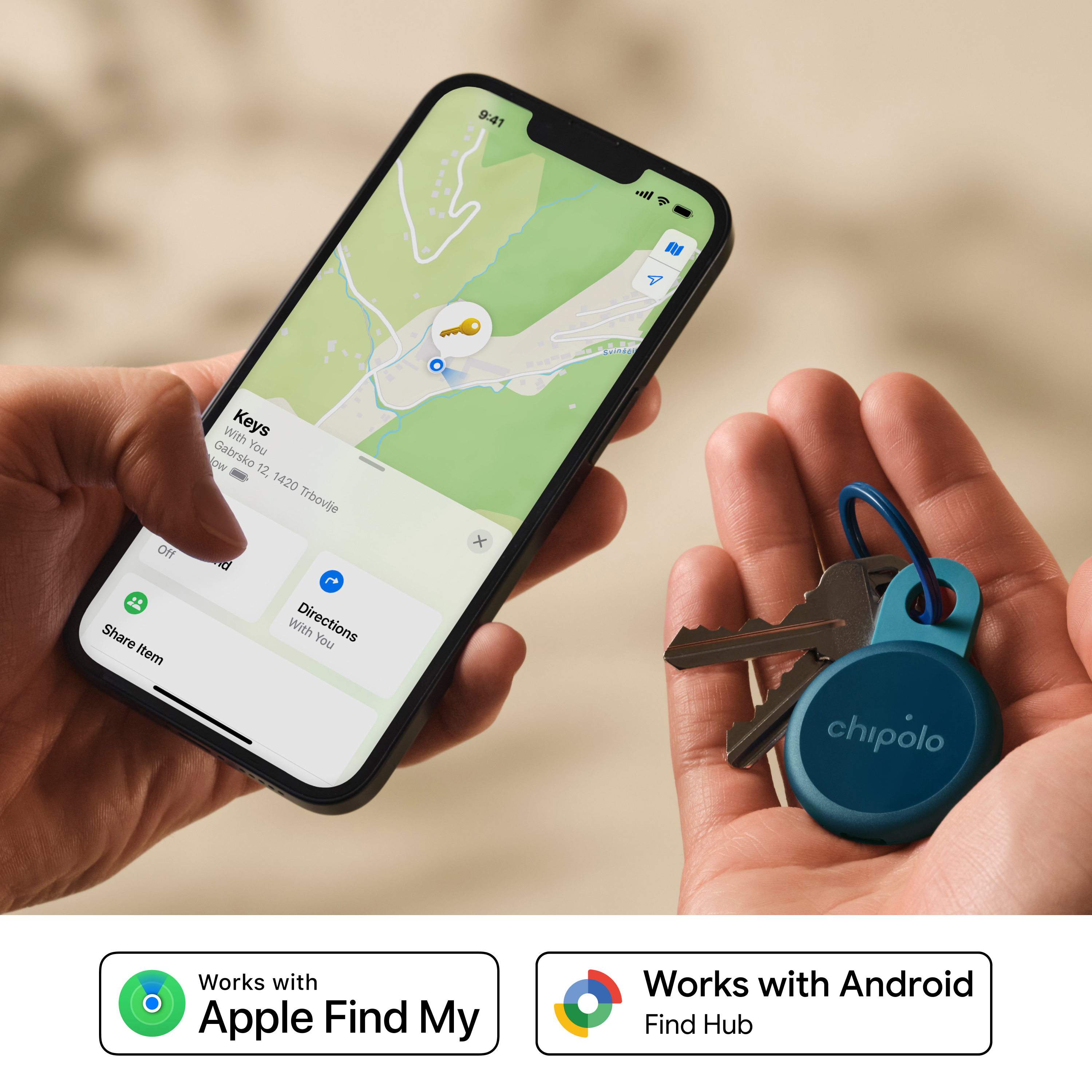 A hand holds a phone showing a map. Another hand holds keys with a Chipolo tracker.