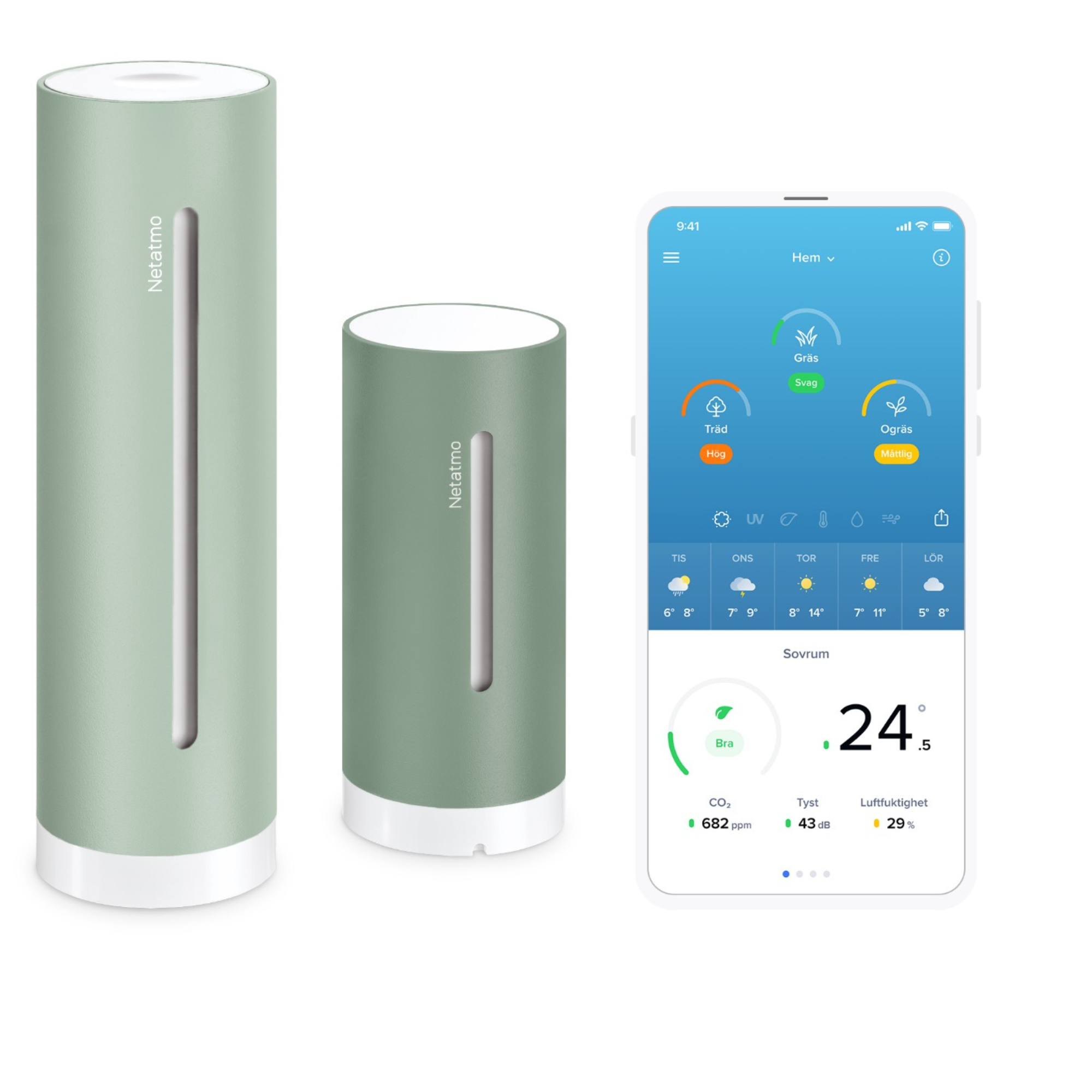 Deux moniteurs de qualité de l'air Netatmo verts et un smartphone affichant une application météo.