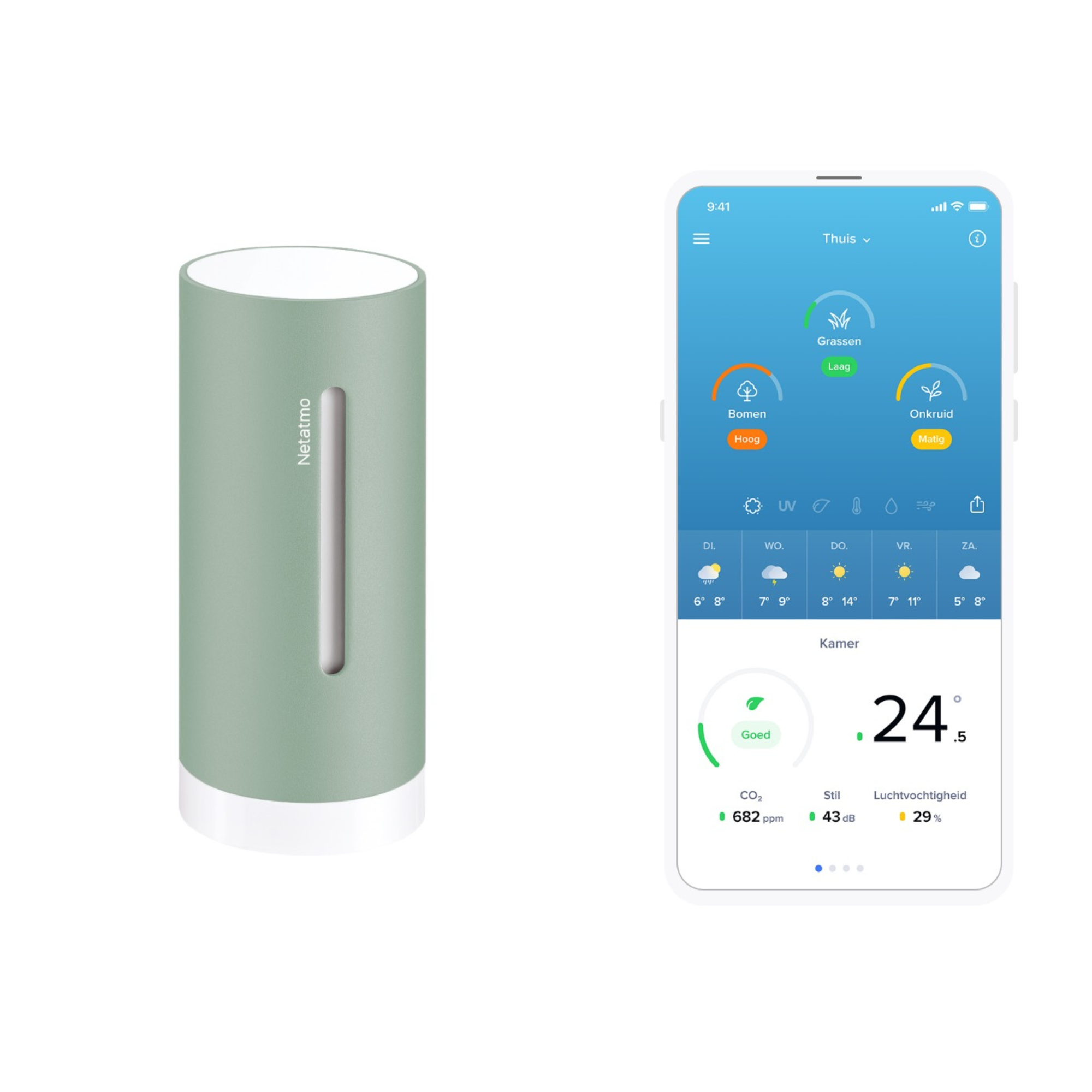 Un appareil Netatmo vert à côté d'un smartphone affichant des données météo et intérieures.