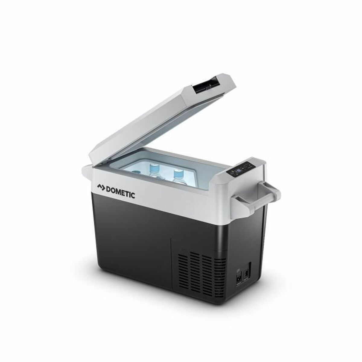 Ein schwarzer und weißer Dometic-Kühler mit geöffnetem Deckel, der Flaschen enthält.