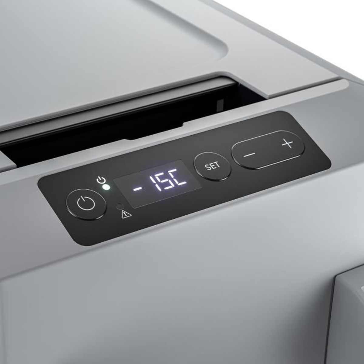 Grijs bedieningspaneel met digitaal display -15C, aan/uit, set en +/- knoppen.
