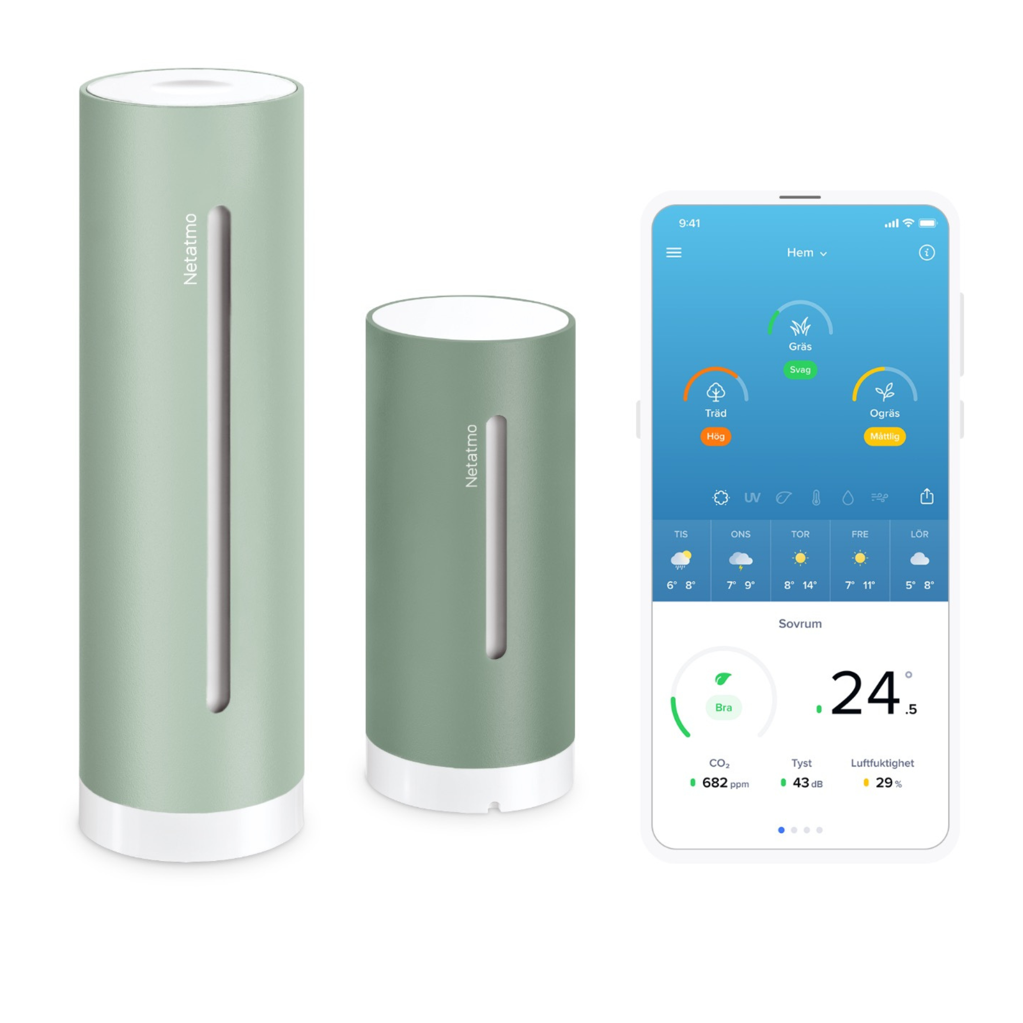 Two green Netatmo devices and a smartphone showing a weather app.