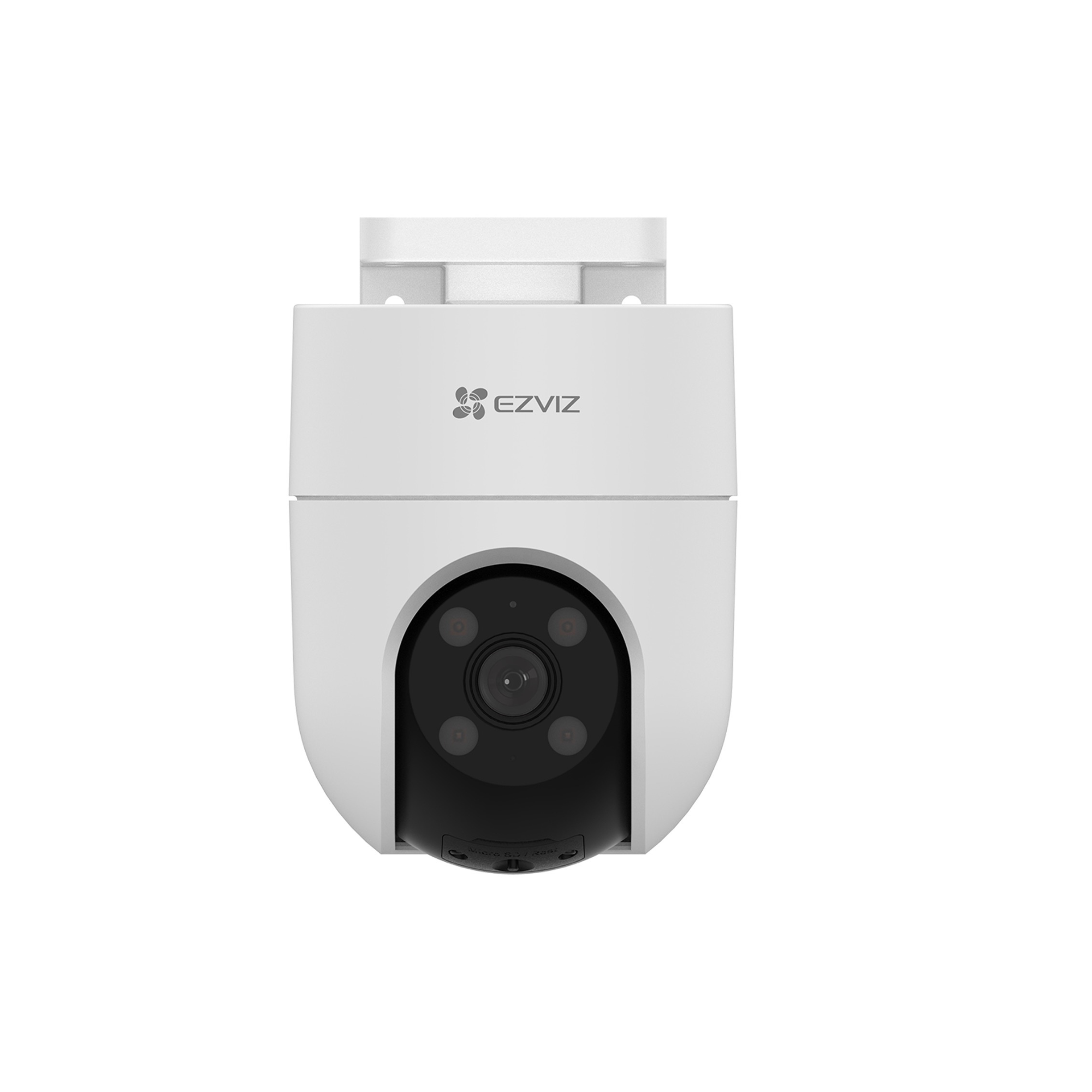 Een witte beveiligingscamera met EZVIZ-logo en vier infrarood-LEDs.