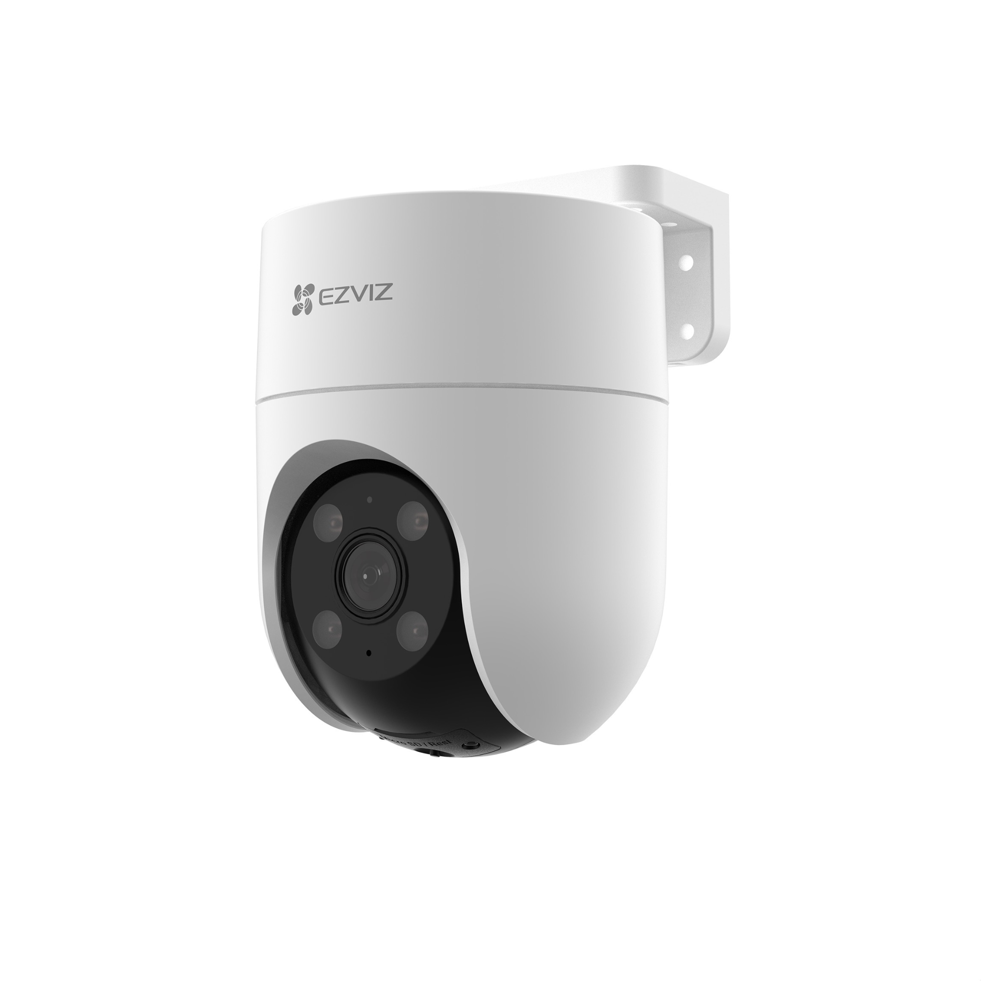 Een witte EZVIZ beveiligingscamera met zwarte lens en vier IR-lampen.
