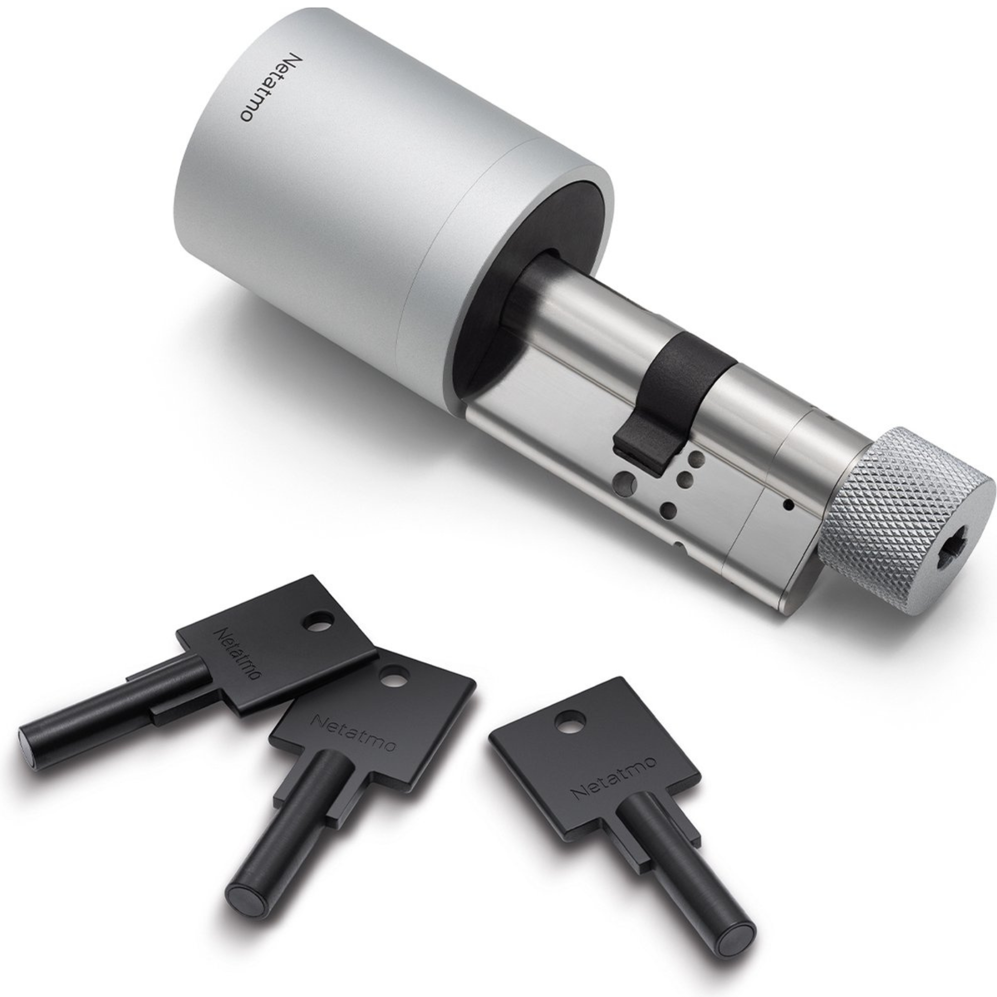 A silver Netatmo door cylinder with three black keys on a white background.