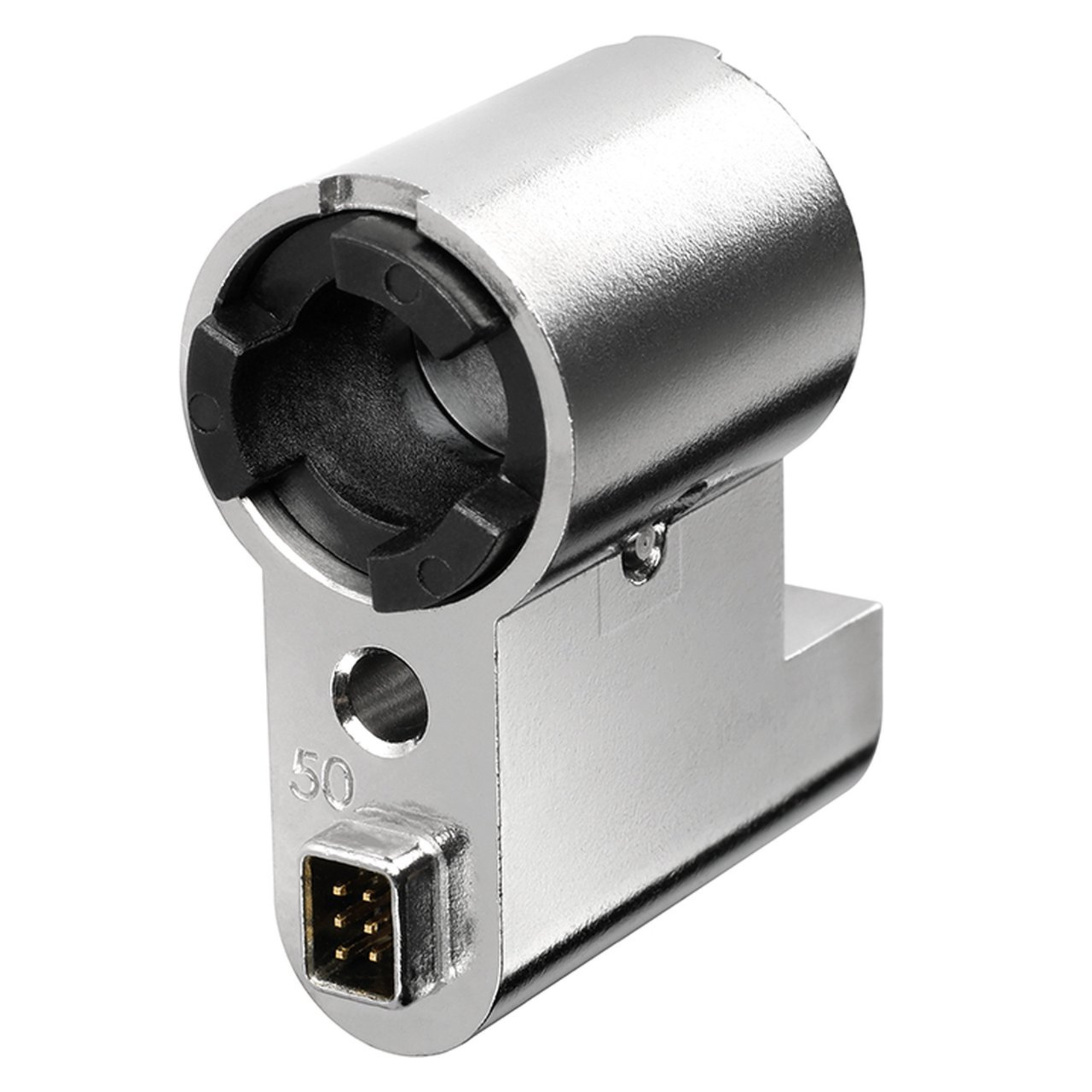 A shiny metallic component with a cylindrical head and a rectangular base.