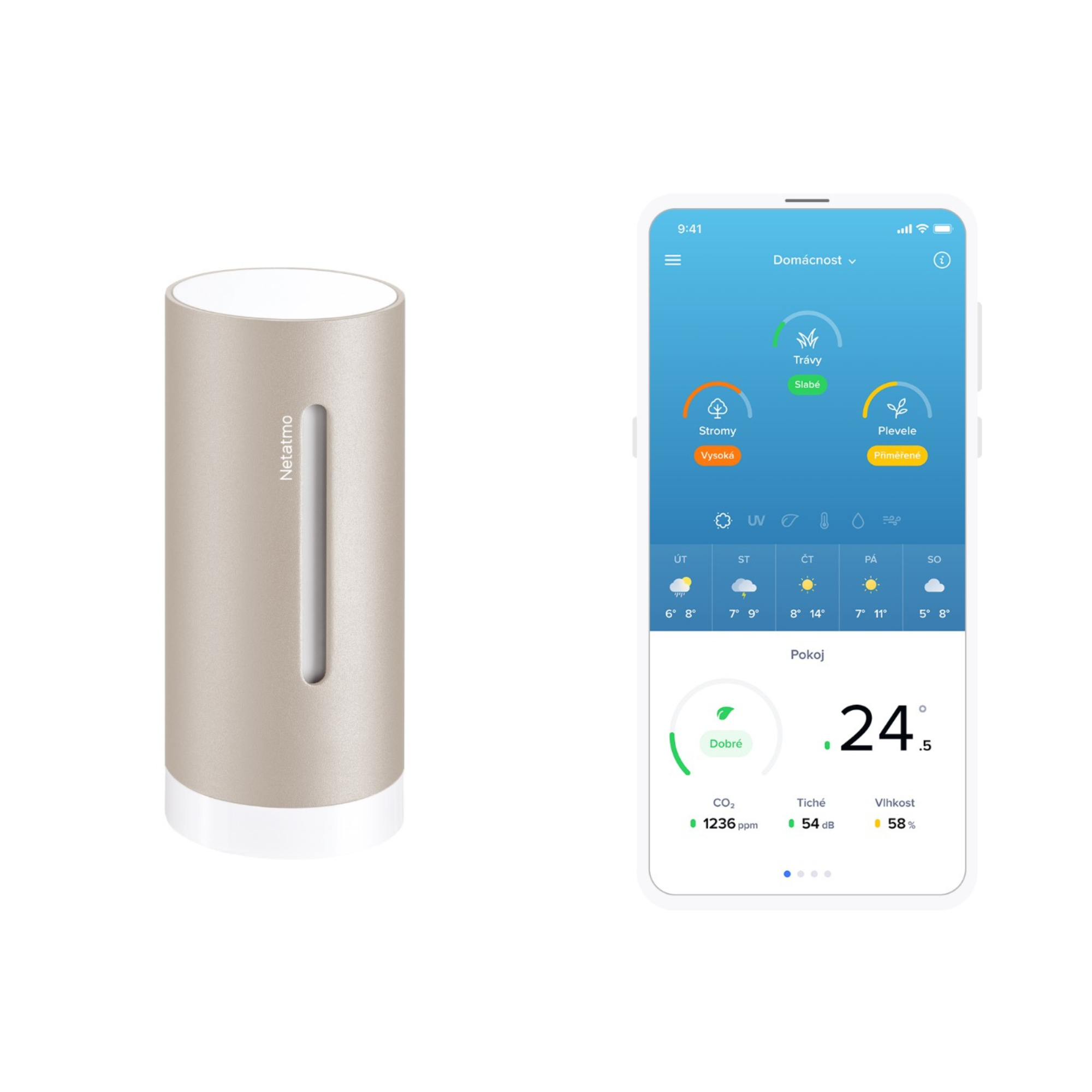 A Netatmo device and a smartphone showing a weather app. Indoor values are displayed.