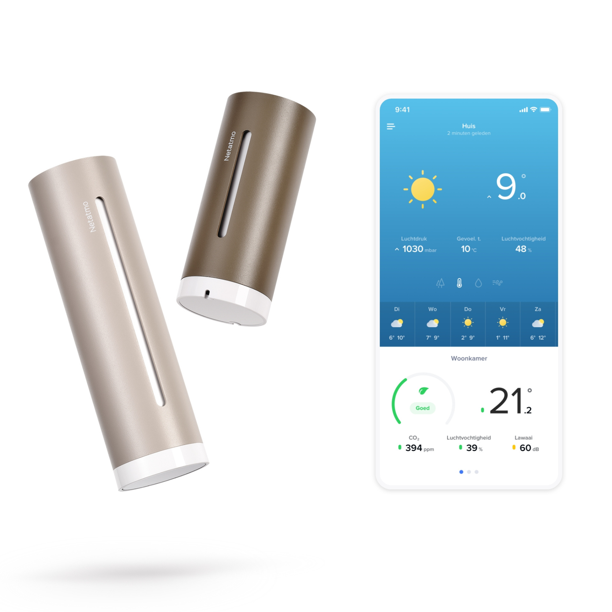 Two Netatmo weather stations and a smartphone app displaying weather.