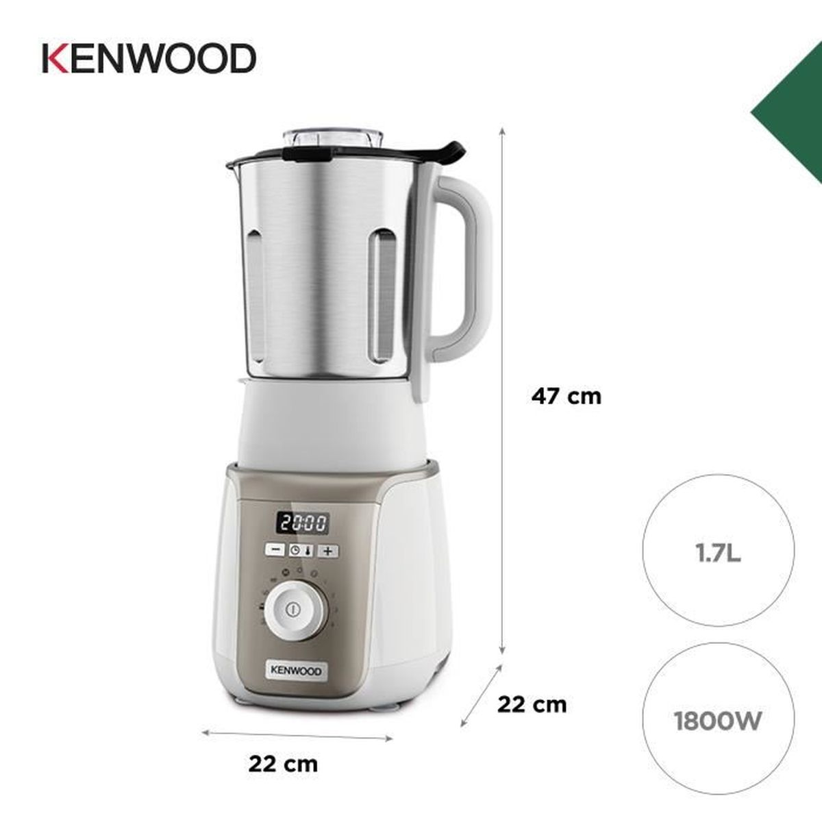 Un frullatore Kenwood argentato con base bianca e pannello di controllo.