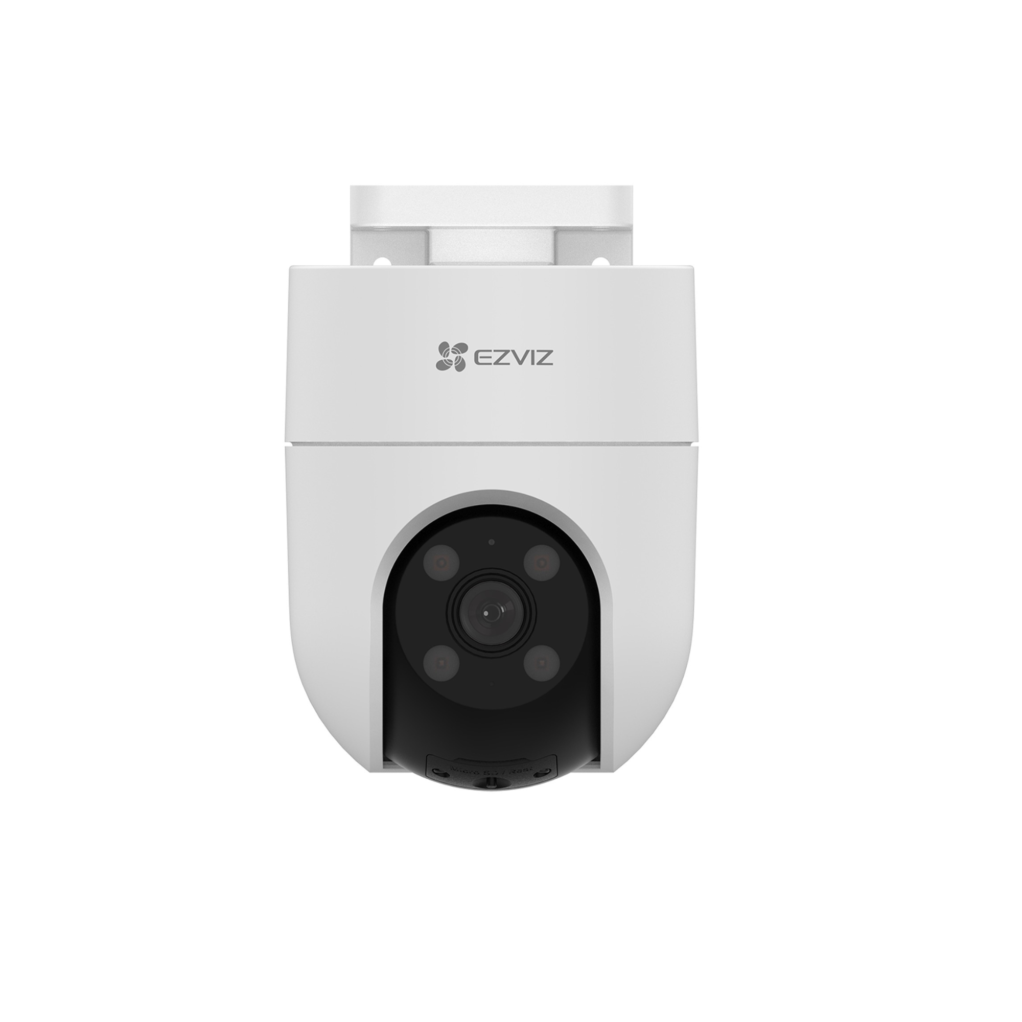 Een witte beveiligingscamera met EZVIZ-logo en vier infraroodlampen.