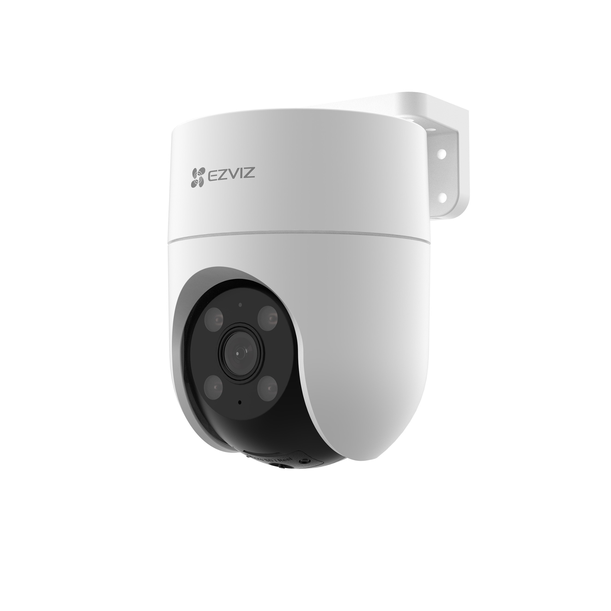 Een witte EZVIZ beveiligingscamera met zwarte lens en vier IR LED's, gemonteerd.