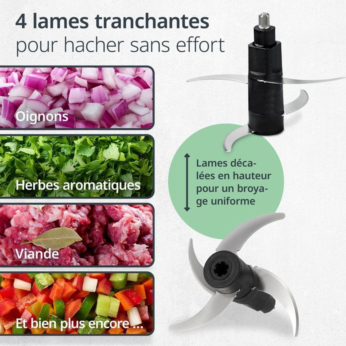Un tritatutto con 4 lame, mostra cipolle, erbe, carne e verdure tritate.