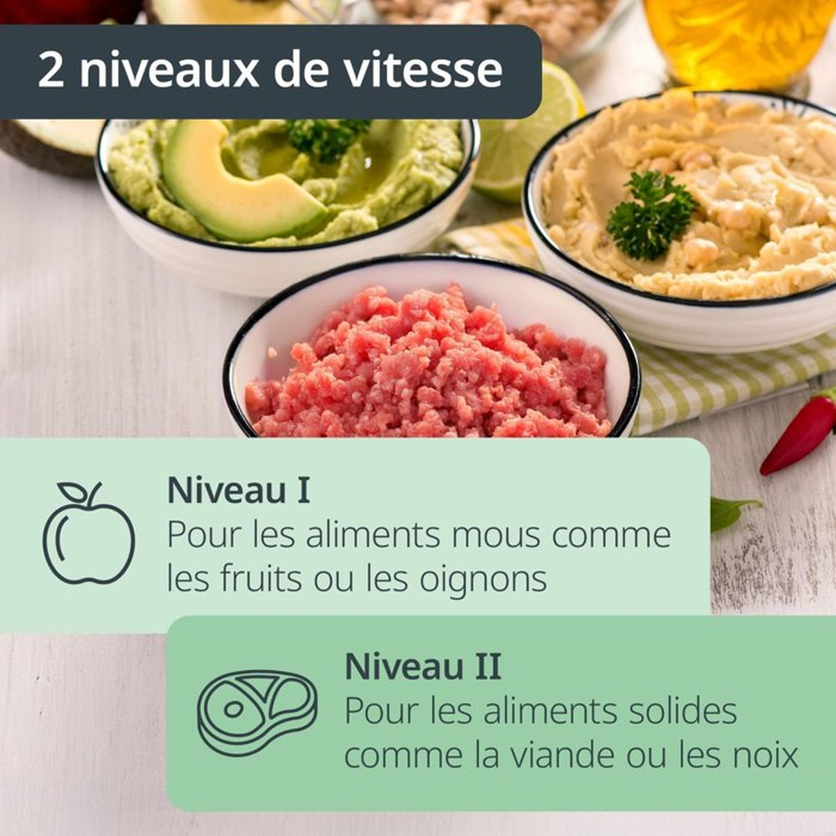 Ciotole di avocado, carne macinata e hummus con indicatori di velocità.