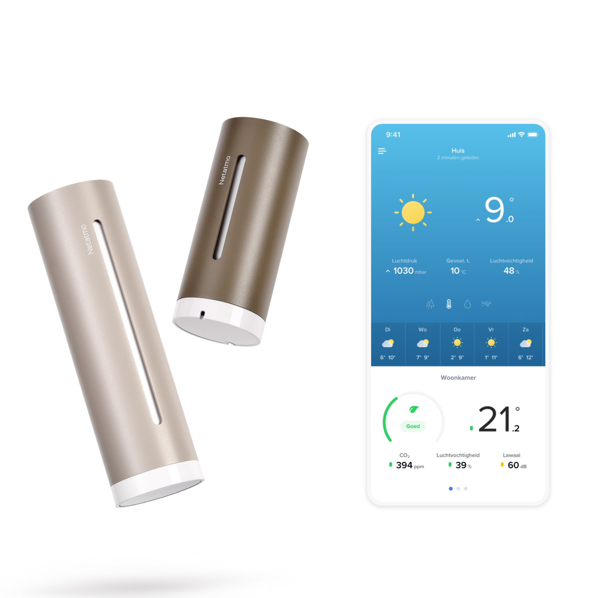 Twee Netatmo-apparaten en een smartphone met weer- en binnenhuisgegevens.