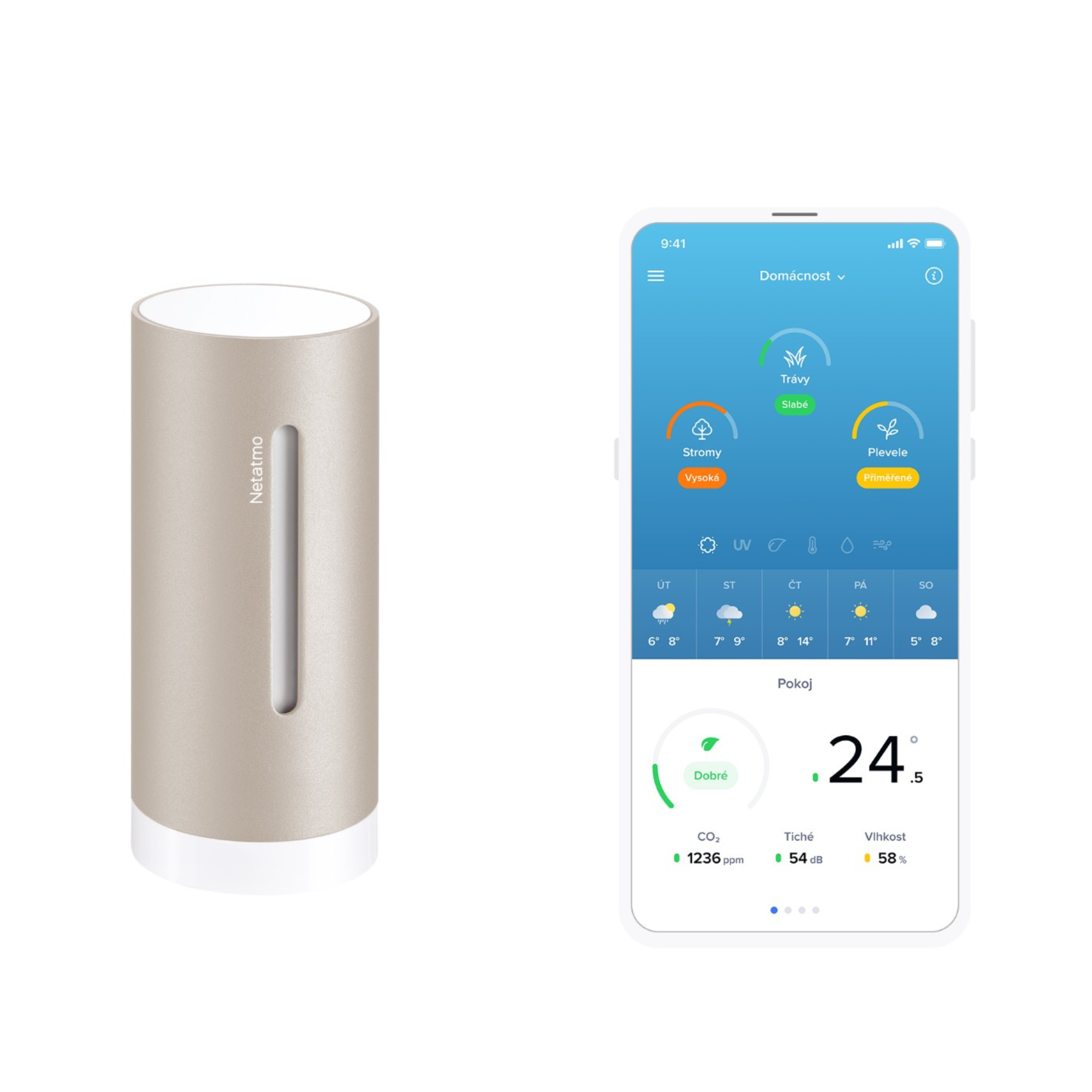 Een Netatmo luchtkwaliteitsmonitor naast een smartphone met een weer-app.