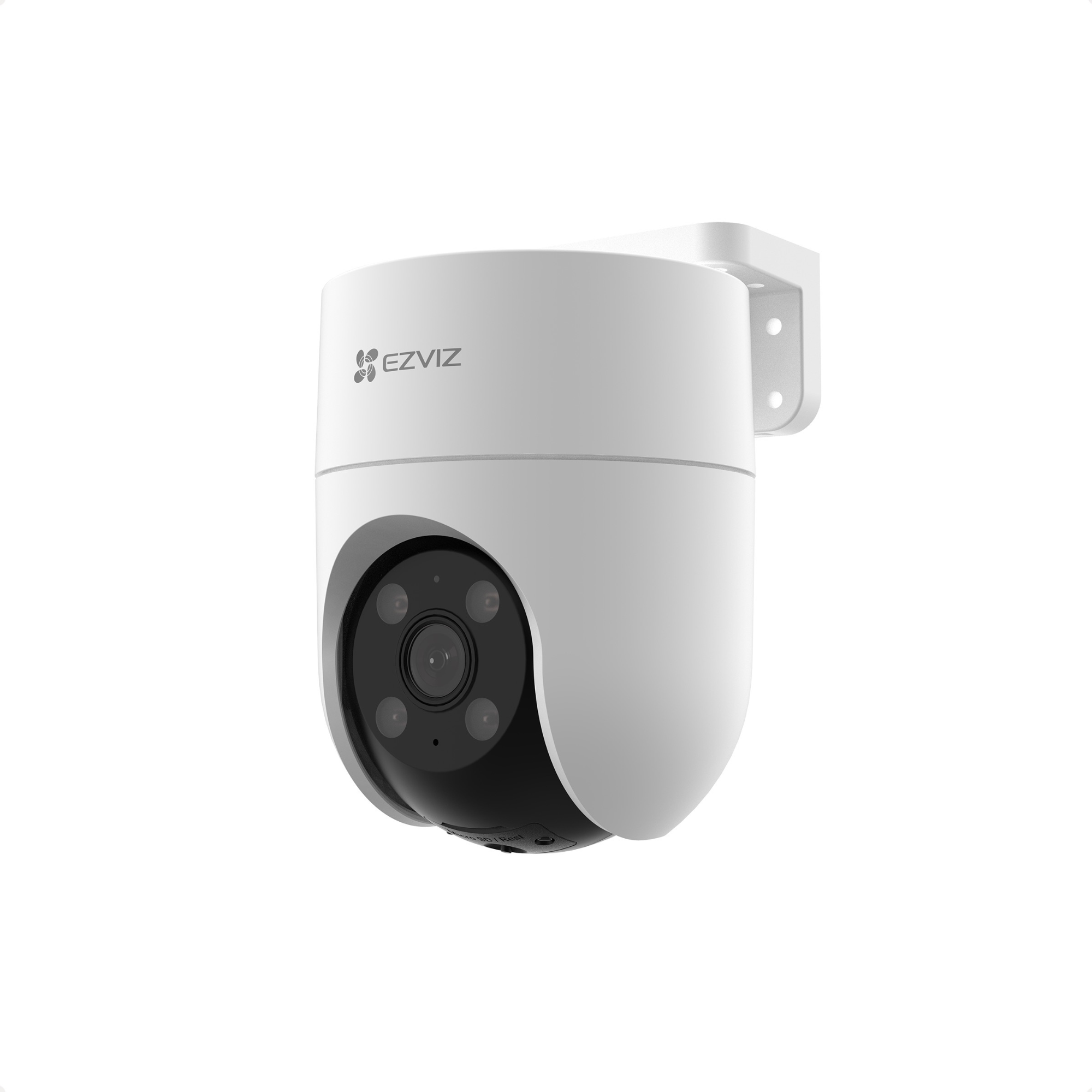 Een witte EZVIZ camera met een zwarte voorkant, gemonteerd op een muurbeugel.