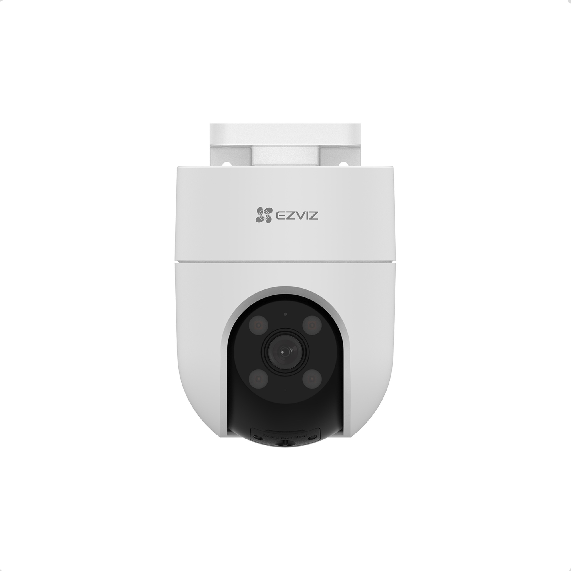 Een witte EZVIZ camera met zwarte lensbehuizing en vier infrarood LED's.