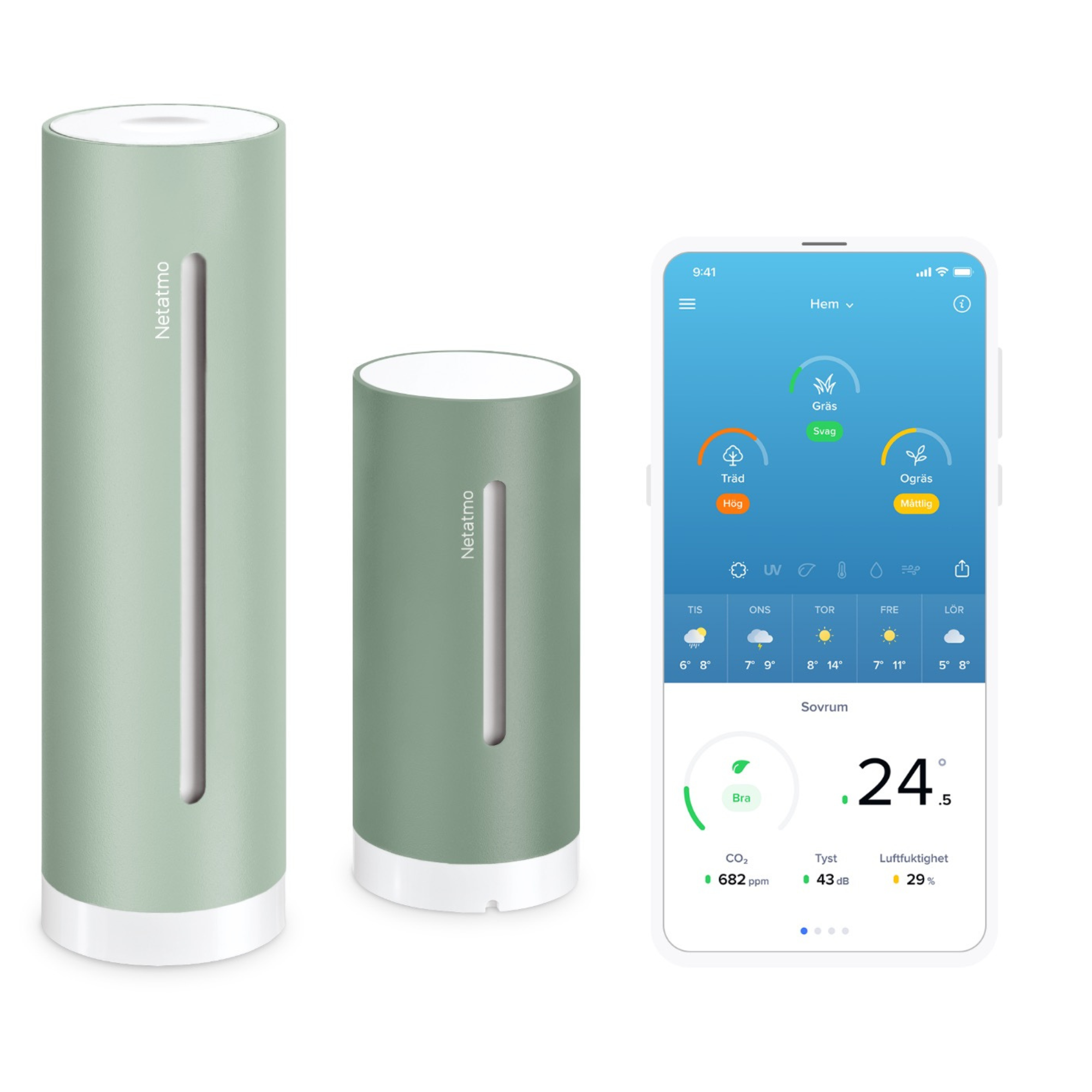 Deux capteurs Netatmo verts et un smartphone affichant une application météo.