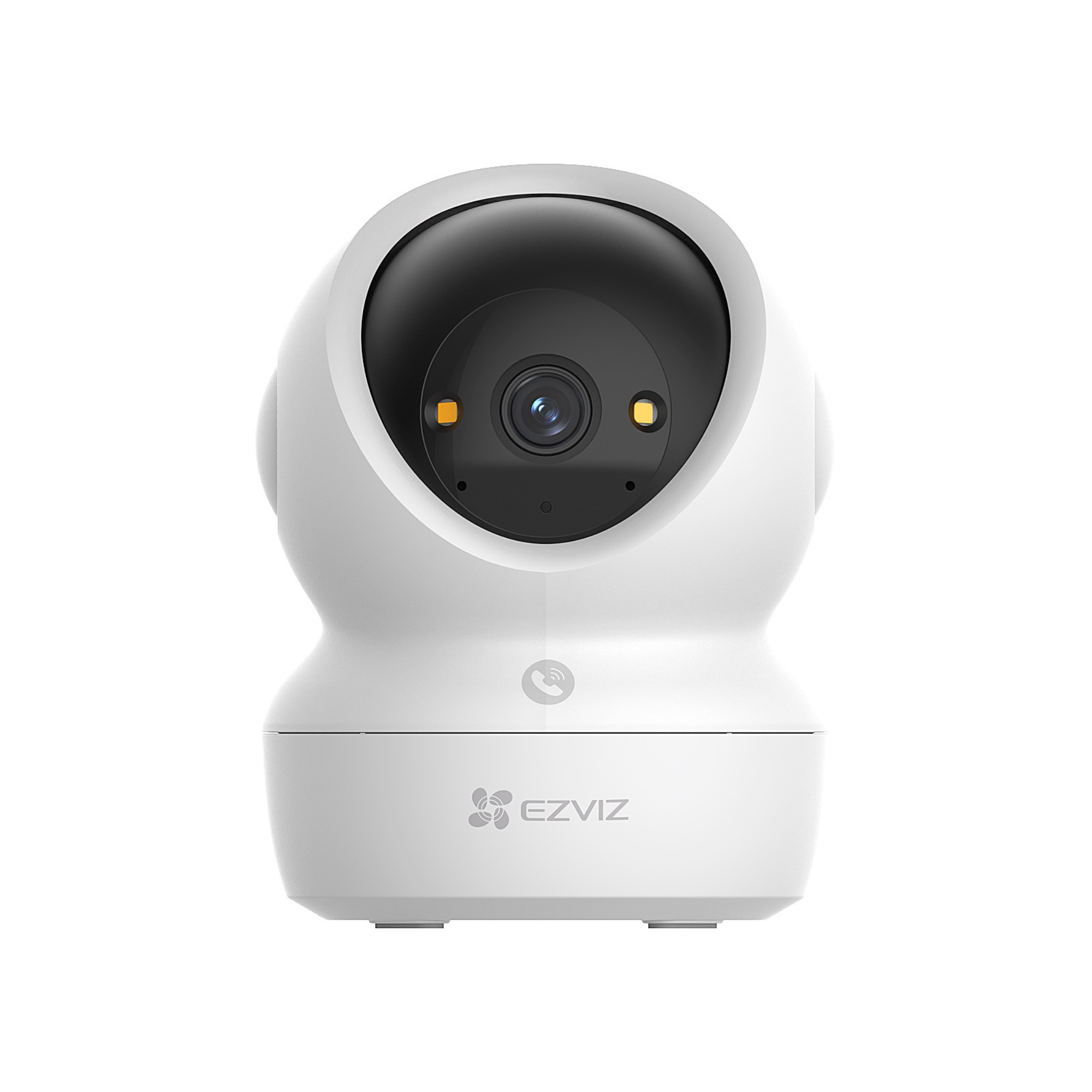Een witte beveiligingscamera met zwarte lens en twee oranje lampjes.