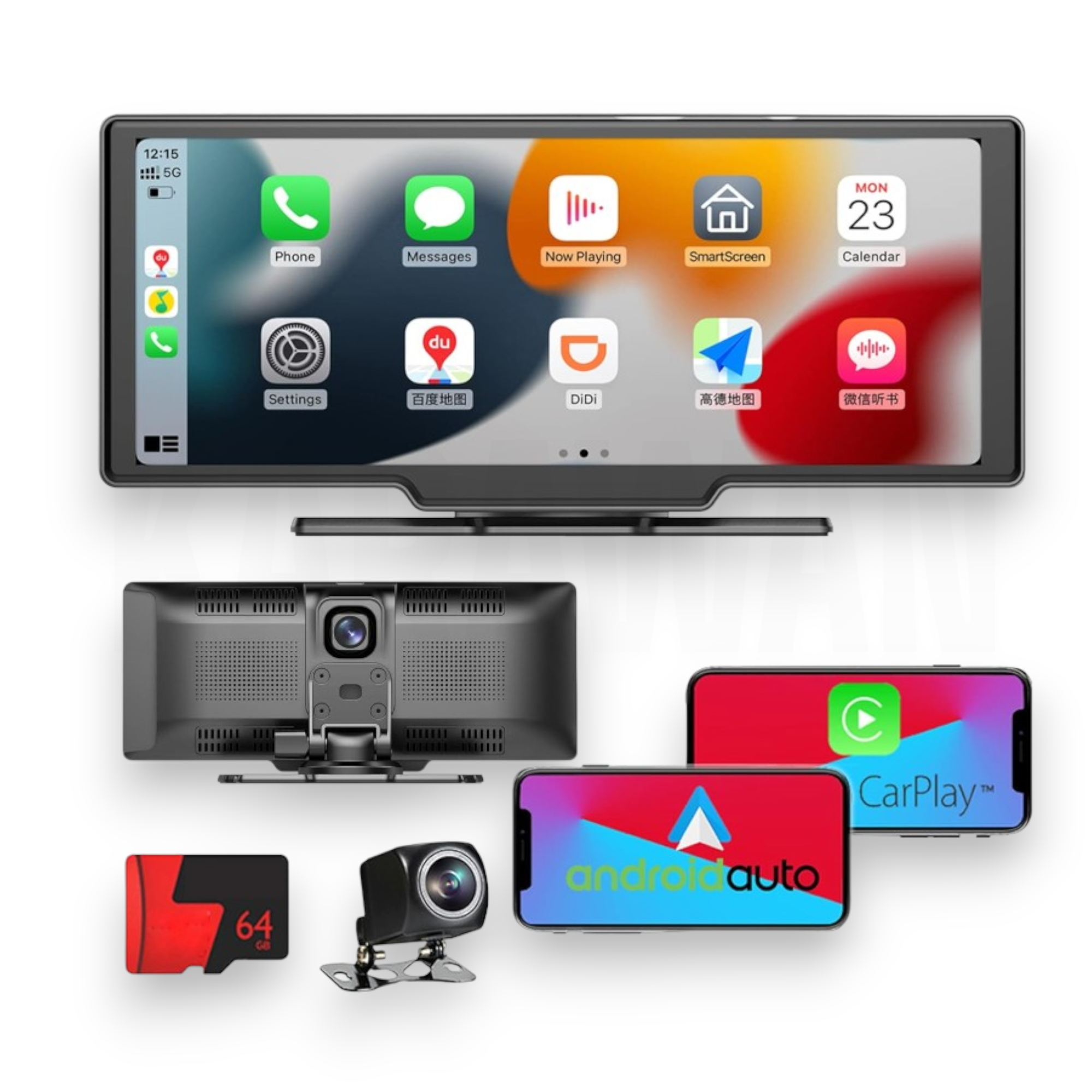 Pantalla de autorradio con apps, cámara trasera, tarjeta SD y smartphones con CarPlay/Android Auto.