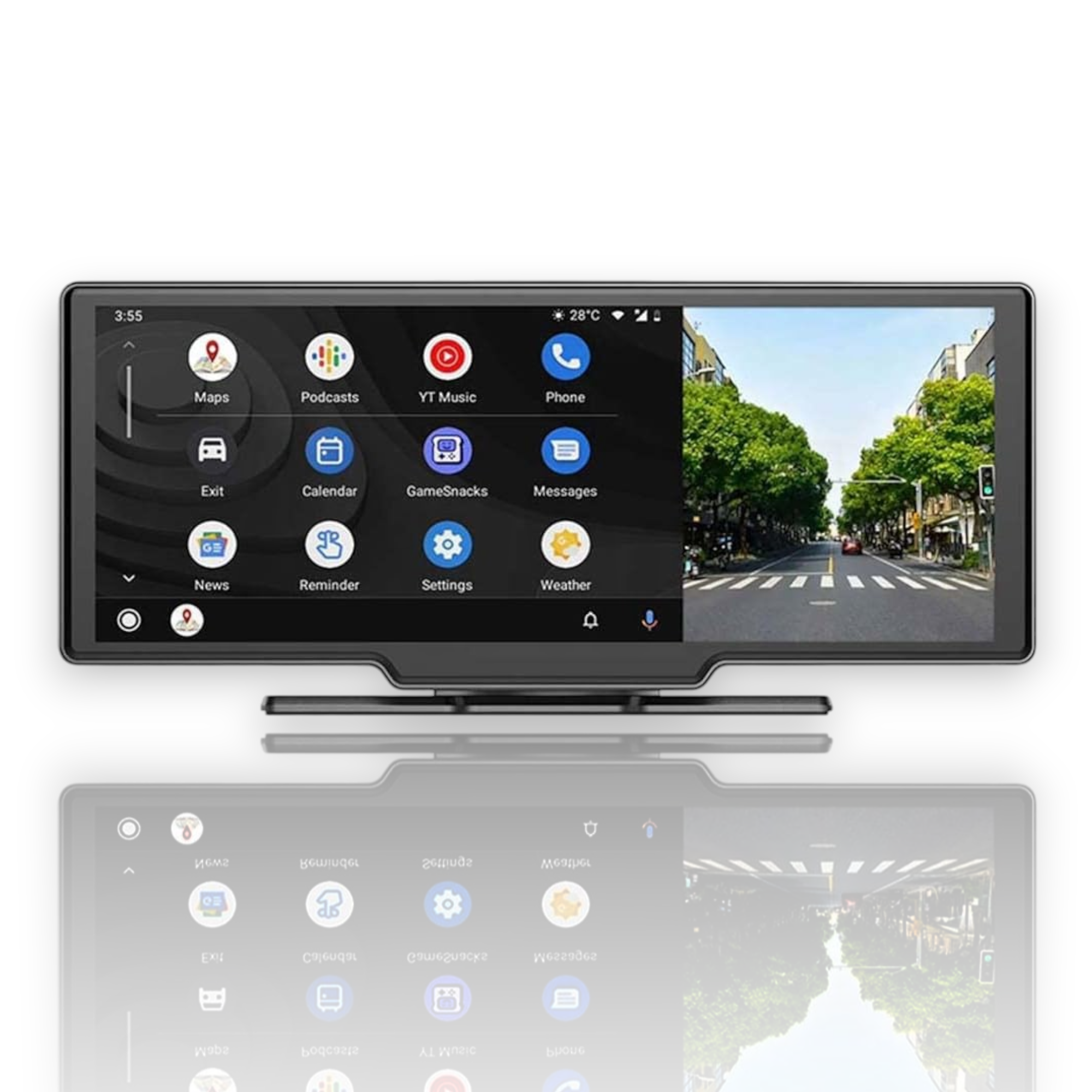 Pantalla de radio de coche con iconos de aplicaciones y vista de calle.