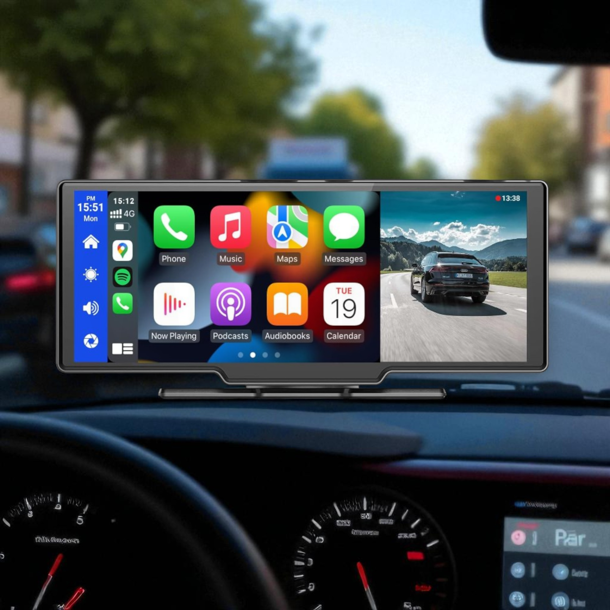 Pantalla de coche con apps y vista de carretera. Izquierda: hora, clima, batería. Derecha: coche en carretera.