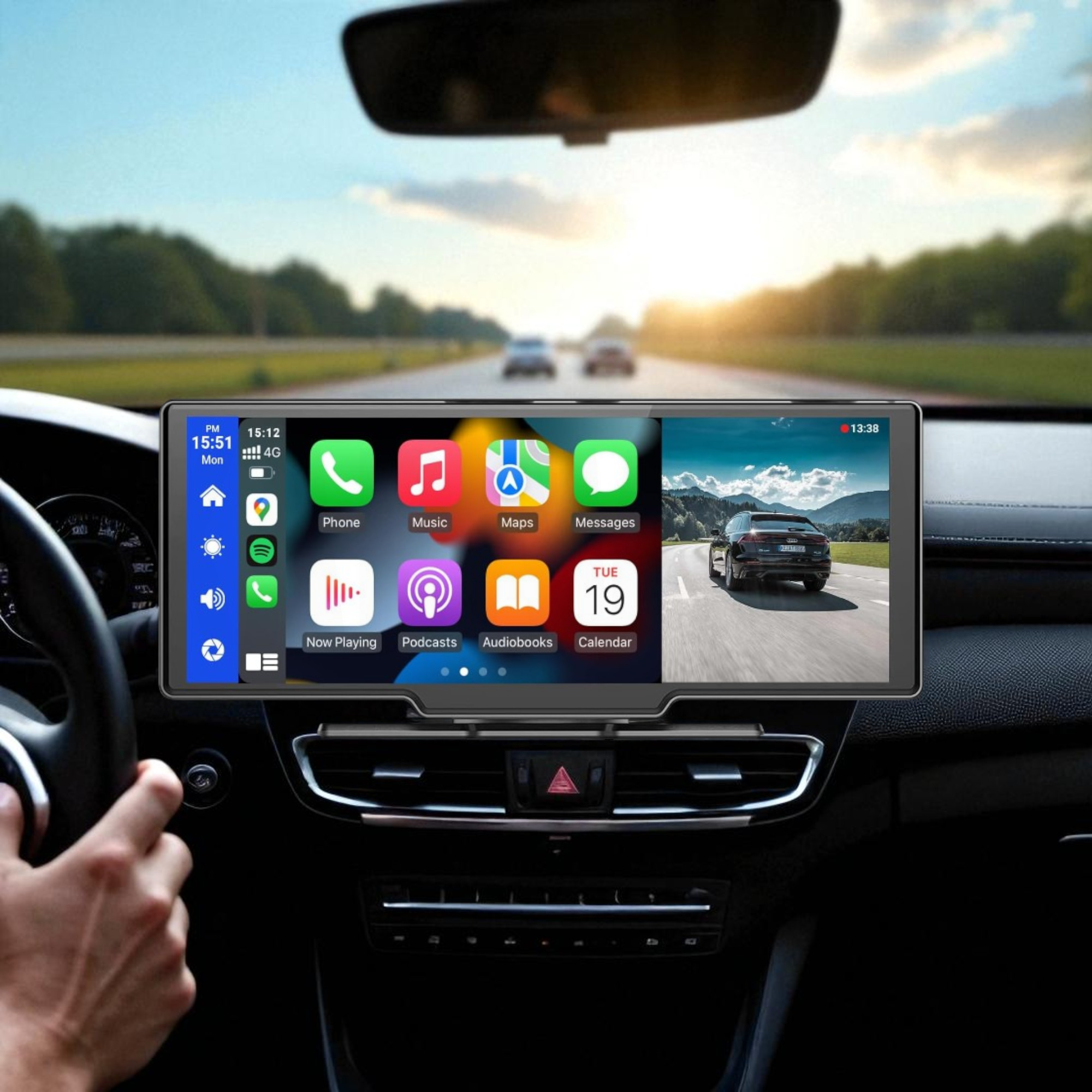 Interior de coche con pantalla de infoentretenimiento mostrando iconos y un mapa.