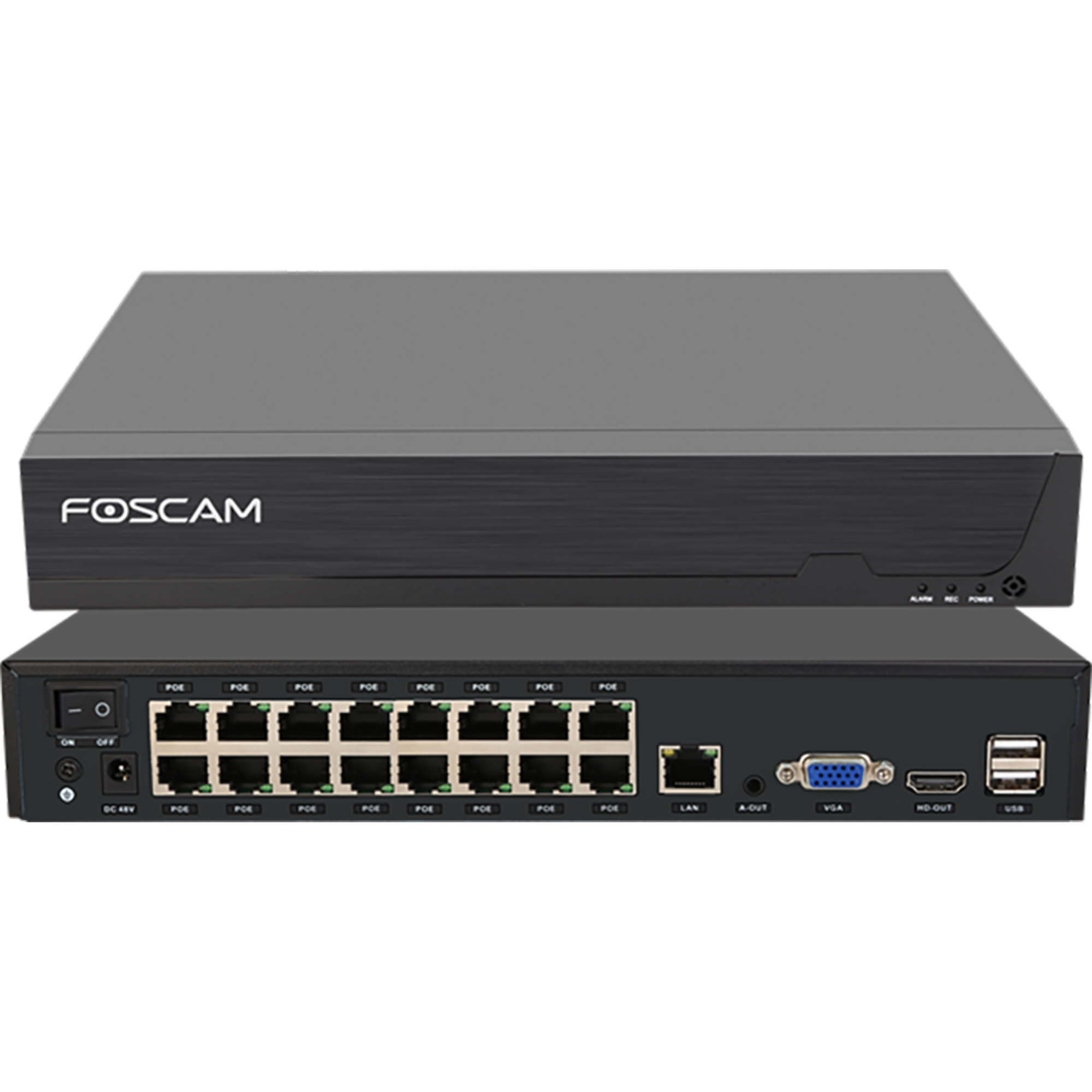 Foscam NVR and switch with POE ports, power switch, DC input, LAN, Audio, VGA, HDMI.