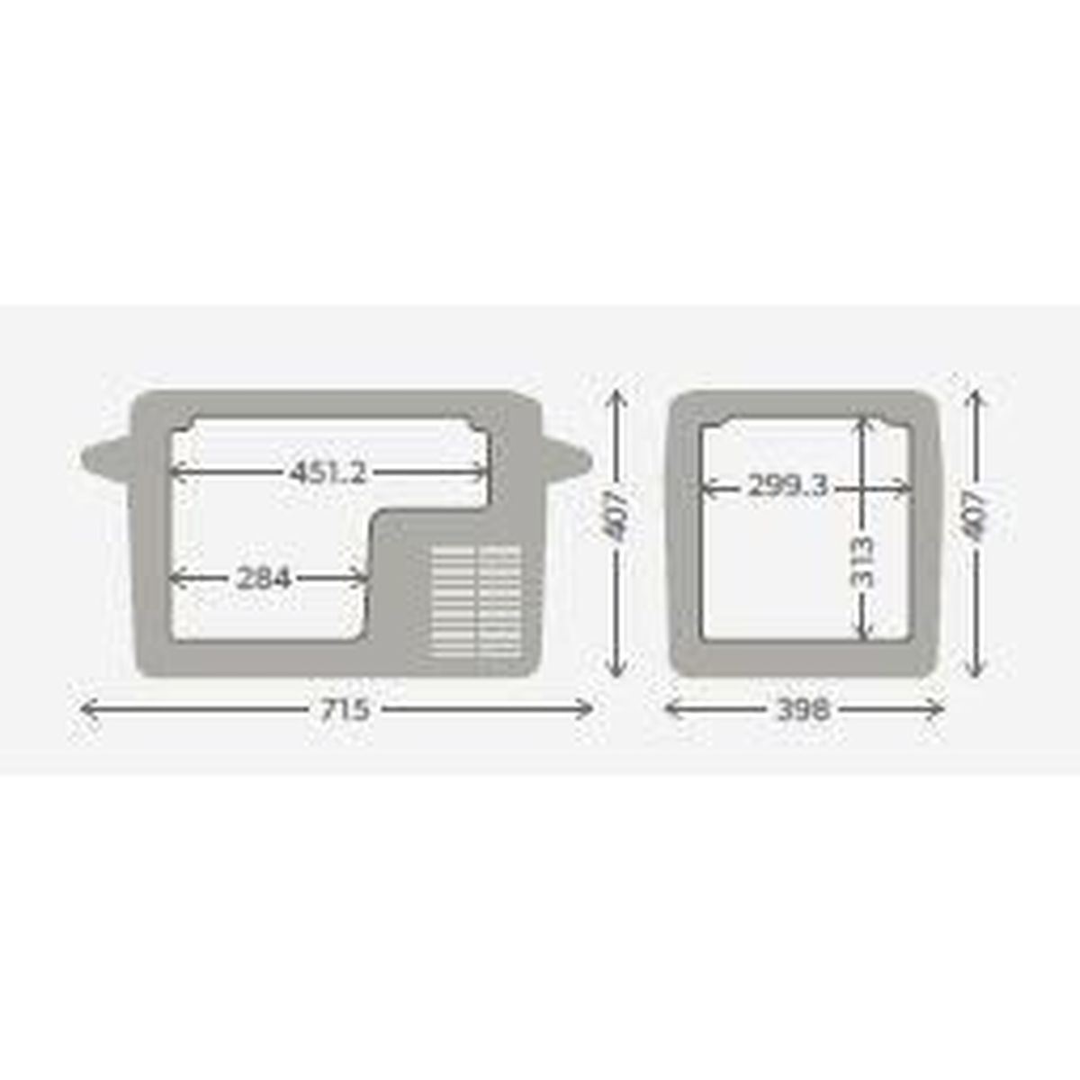 Diagramm mit zwei grauen rechteckigen Umrissen, die Maße zeigen. Links ist größer, rechts kleiner.