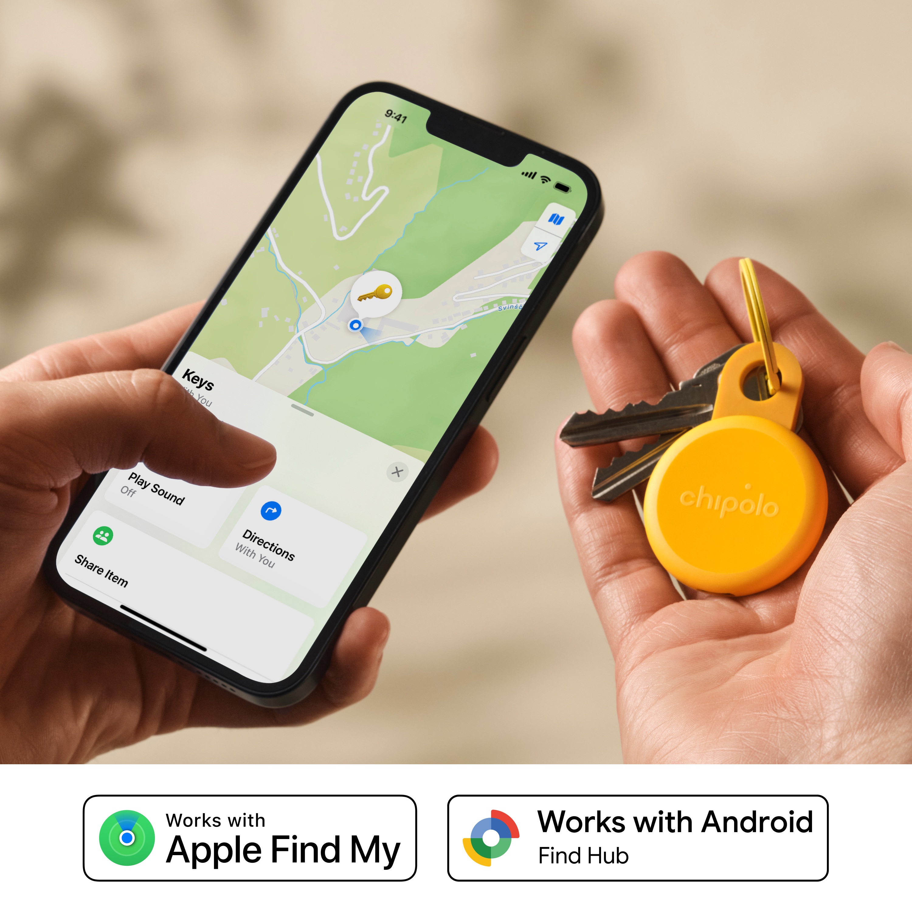 Hands hold a smartphone displaying a map and a Chipolo keychain.