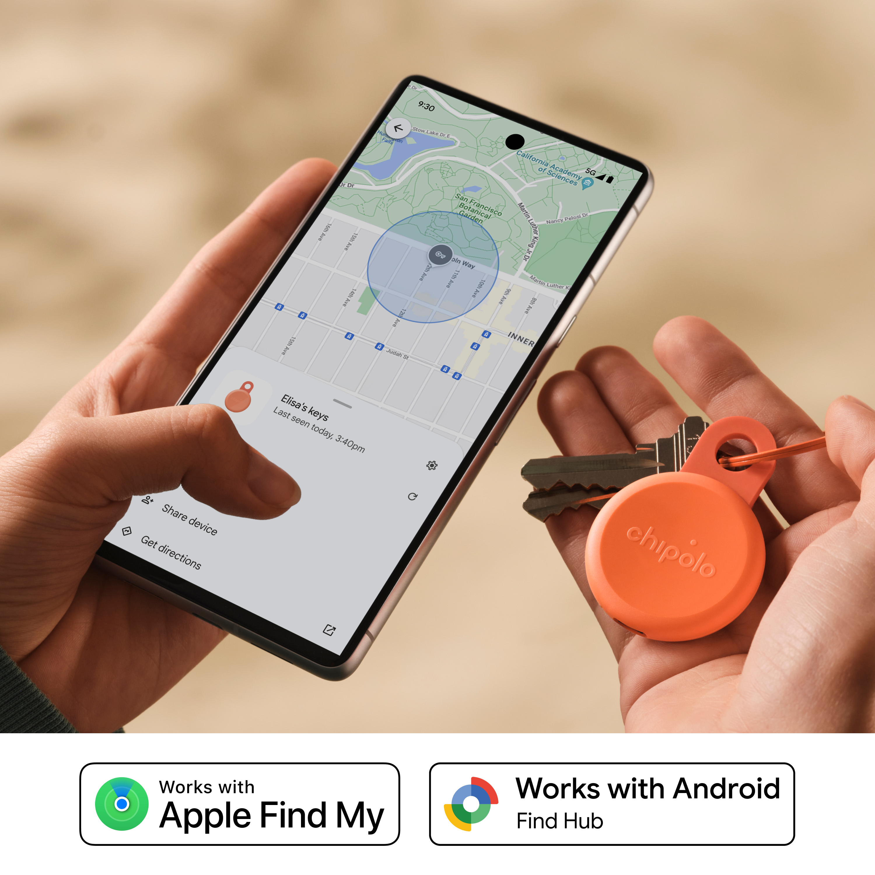 A hand holds a phone displaying a map and a key tag. Works with Apple.