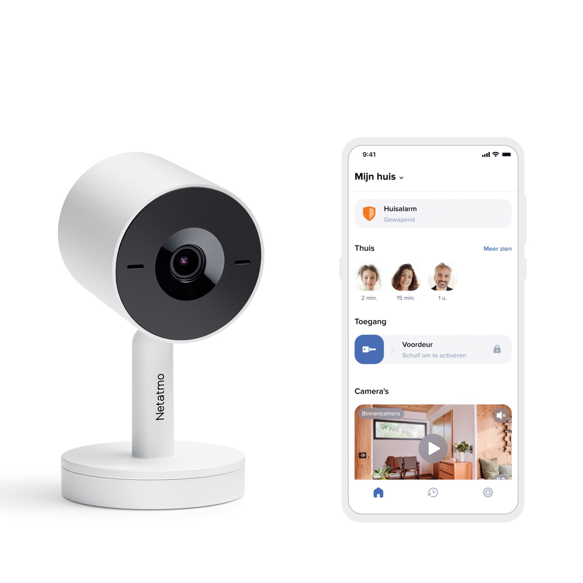 Caméra Netatmo blanche et un smartphone affichant une application de contrôle domotique.