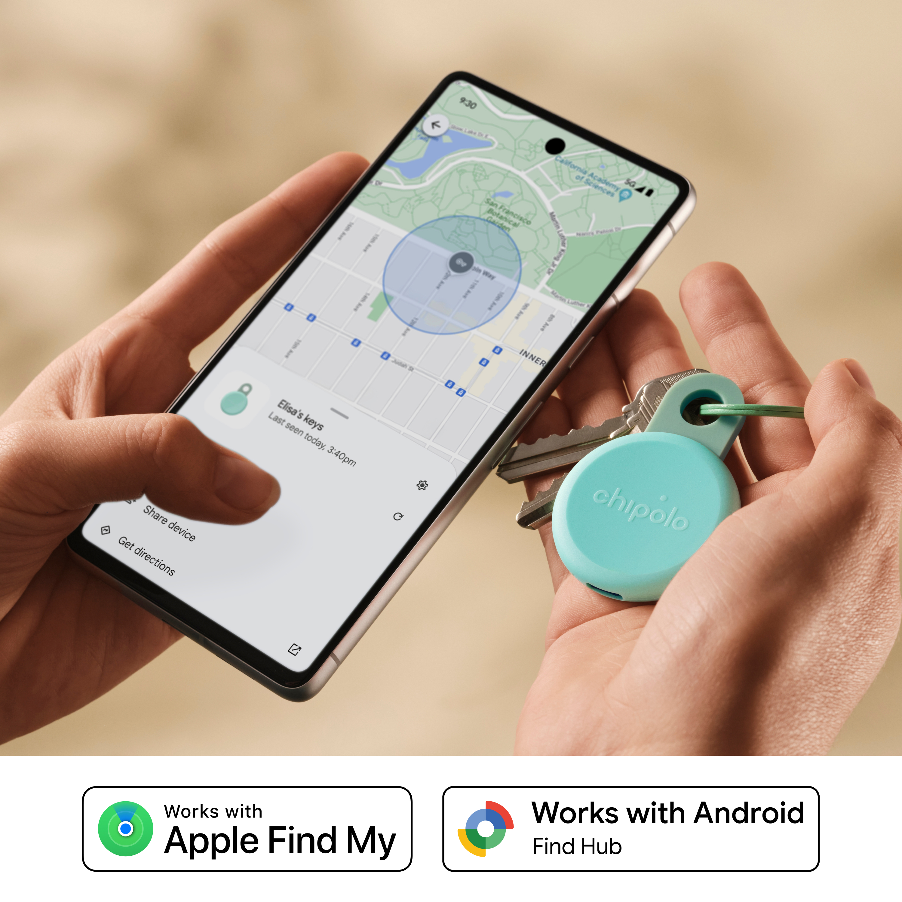 Hands holding a phone showing a map and a Chipolo keychain.