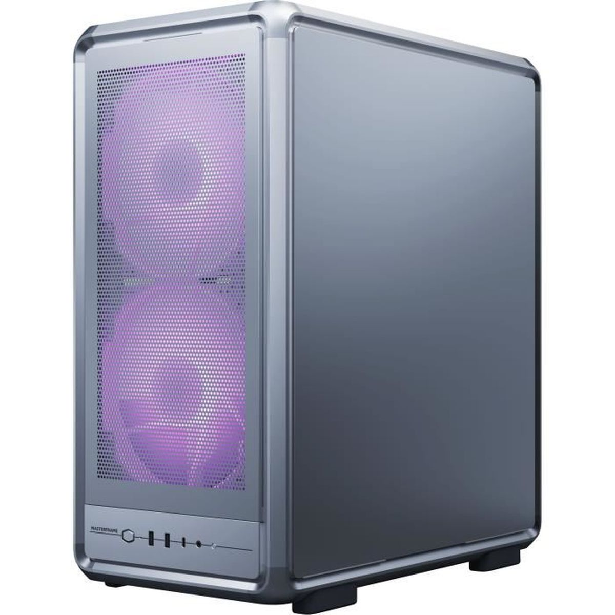 Case del computer grigio con ventole viola e copertura dell'alimentatore.